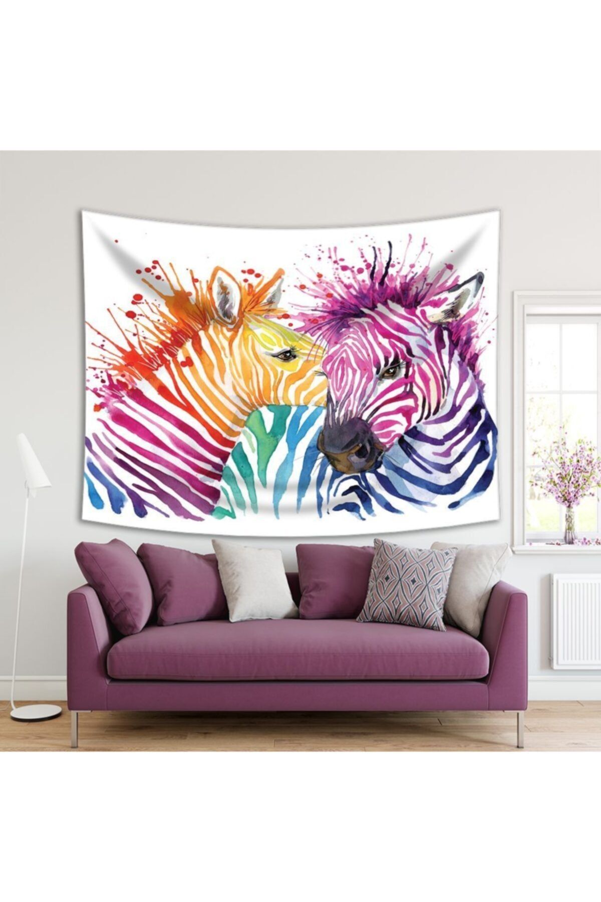 Henge Home Baskılı Duvar Örtüsü Sulu Boya Etkili Zebra Deseni Mor Sarı Mavi