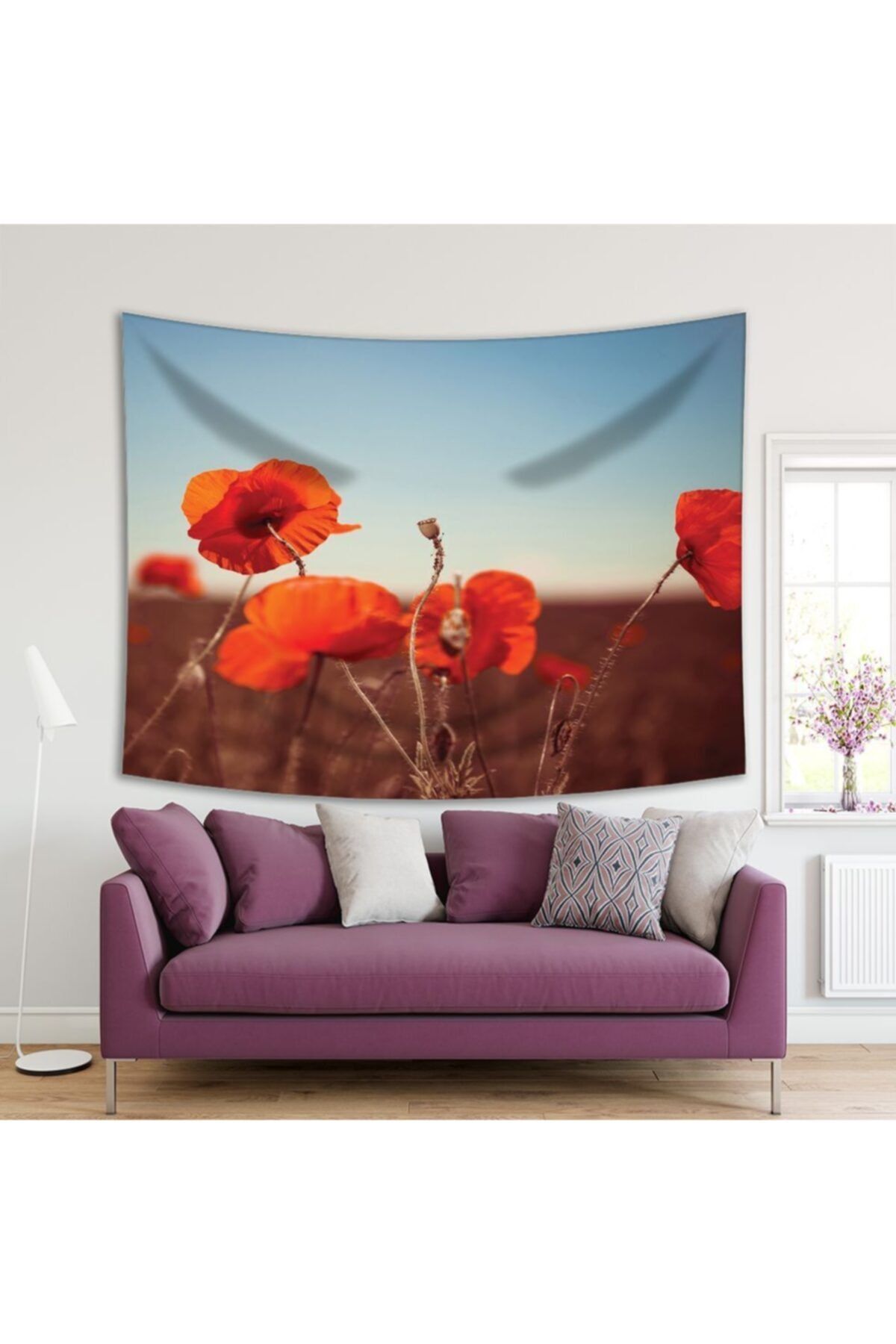 Henge Home Baskılı Duvar Örtüsü Yaz Çayır Haş Haş Çiçek Deseni