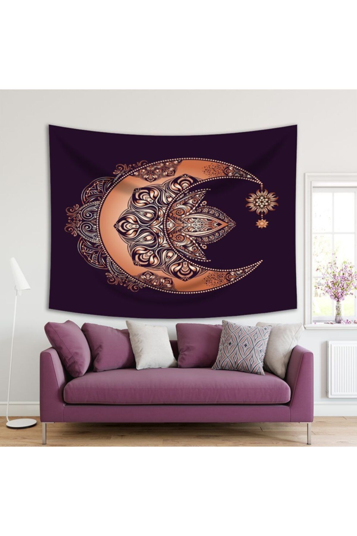 Henge Home Baskılı Duvar Örtüsü Etnik Desenli Hilal Mor Turuncu