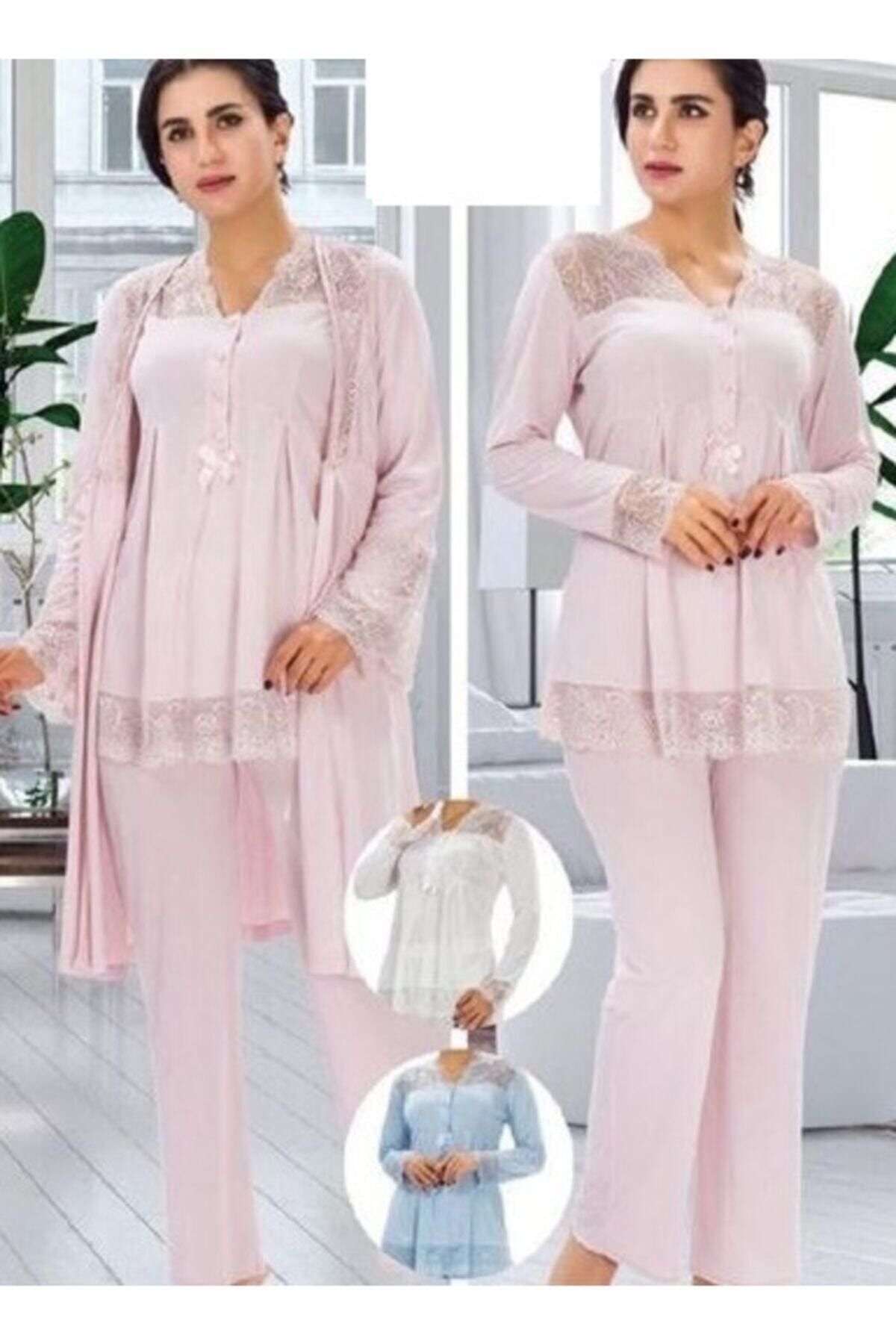 Duchesse Kadın Mavi Lohusa  Pijama Sabahlık Takım 3'lü  3012