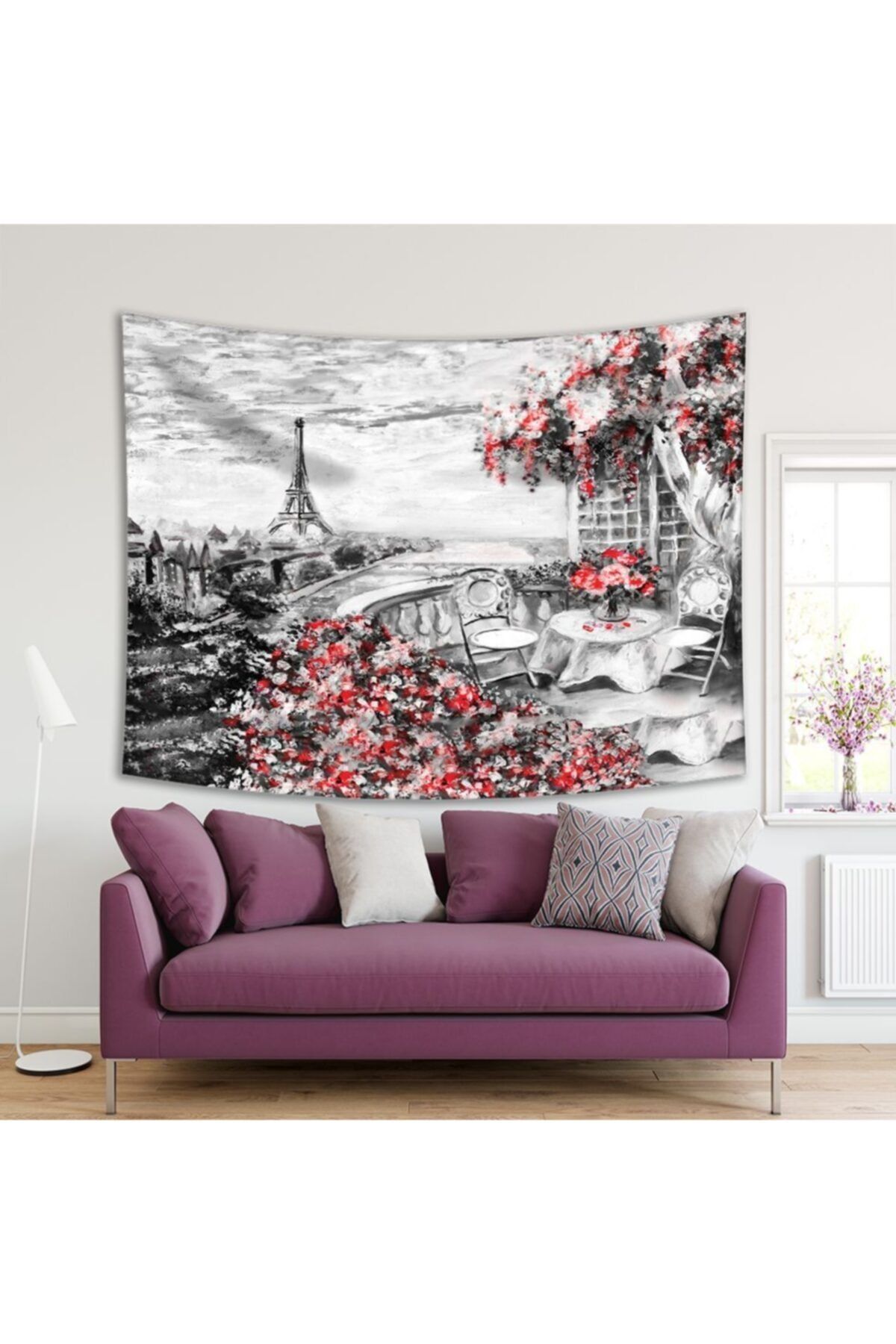 Henge Home Baskılı Duvar Örtüsü Yağlı Boya Eyfel Manzara Desenli Siyah