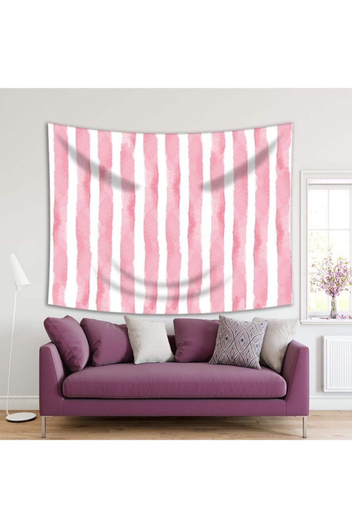 Henge Home Baskılı Duvar Örtüsü Sulu Boya Etkili Pembe Dik Çizgi Desenli