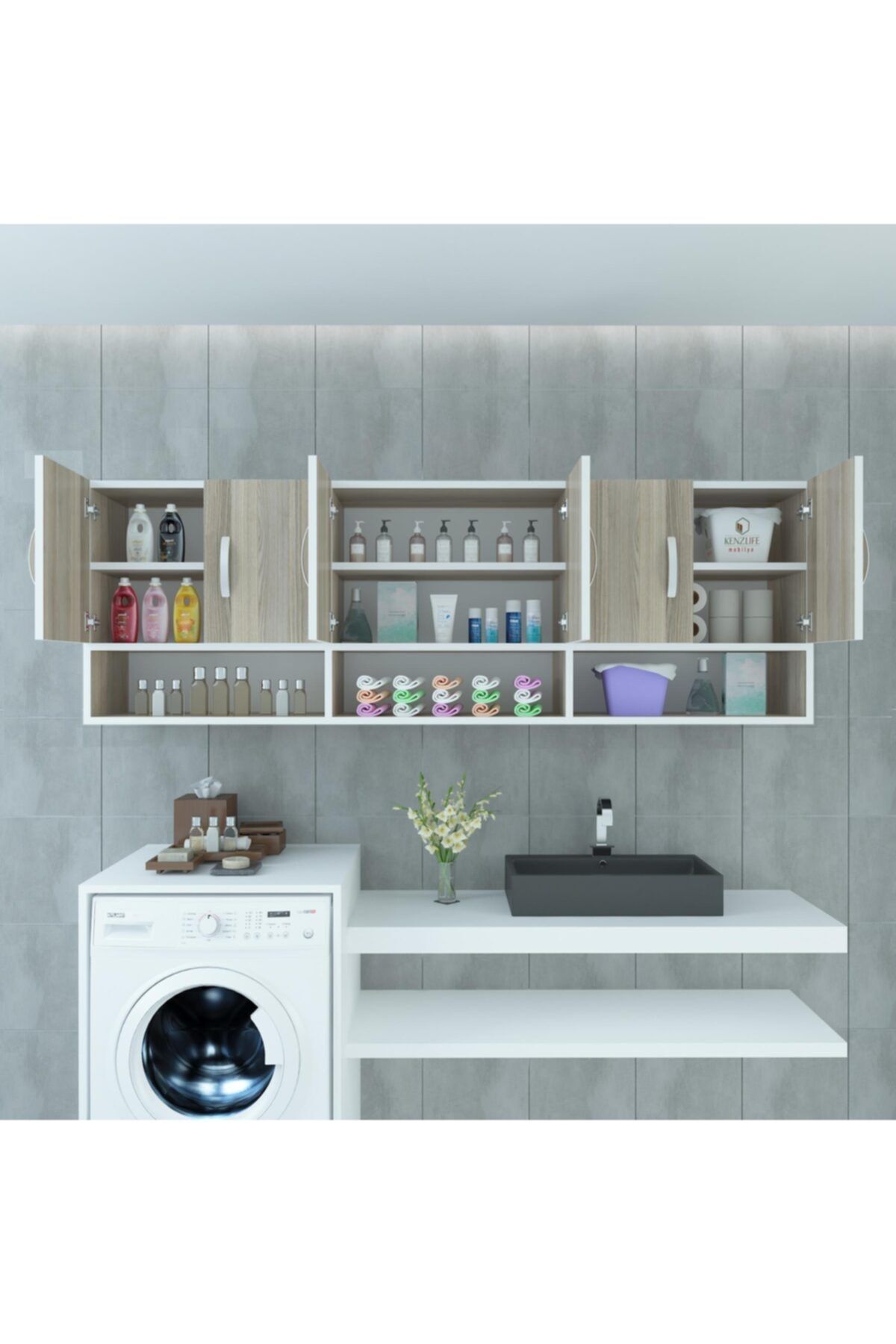 Kenzlife banyo dolabı maksim crd 060*150*22 hazır mutfak ofis dolabı kitaplık kapaklı raflı