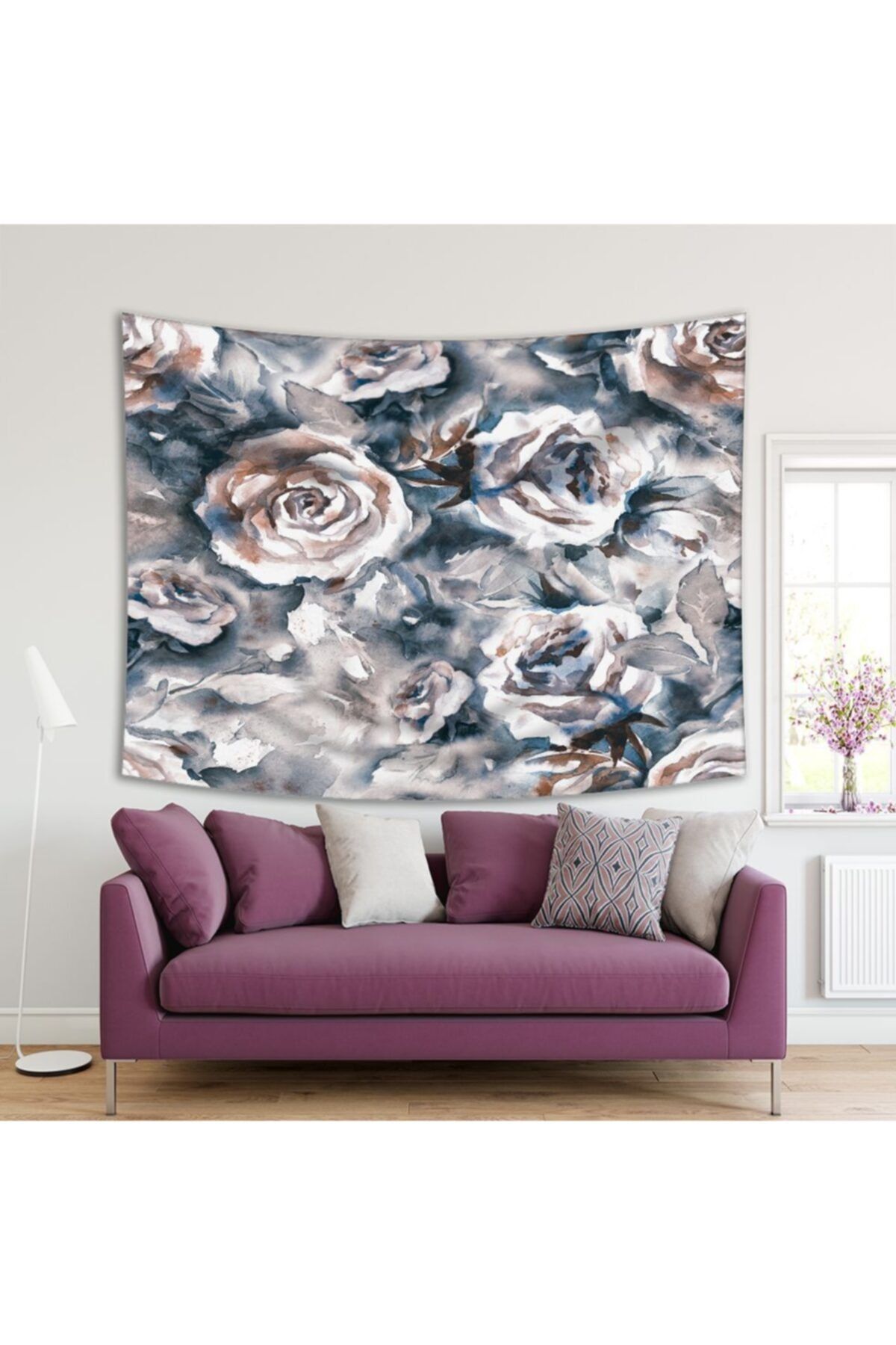 Henge Home Baskılı Duvar Örtüsü Soyut Gri Ve Pembe Gül Desenli