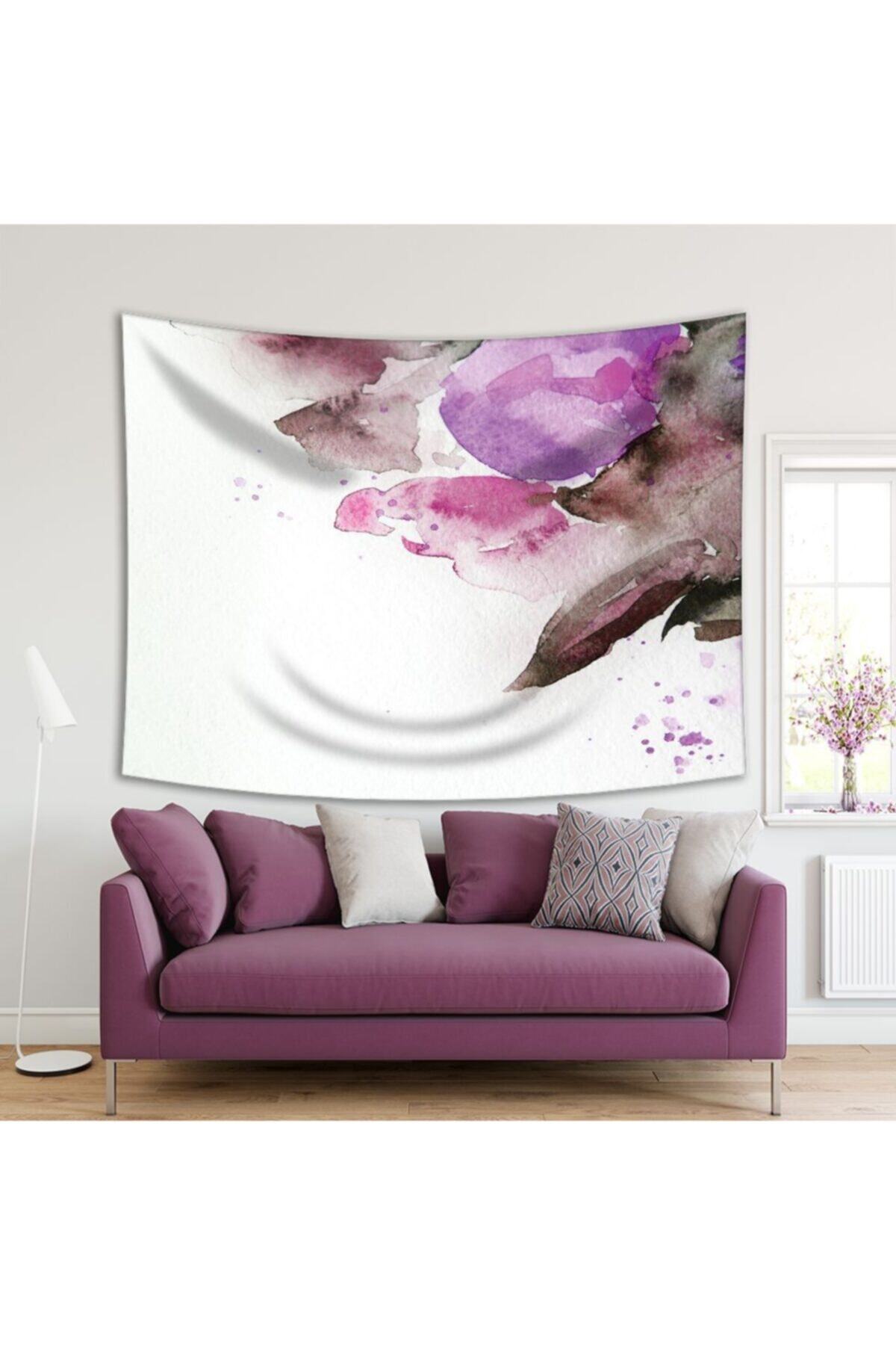 Henge Home Baskılı Duvar Örtüsü Buket Çiçek Desenli Mor