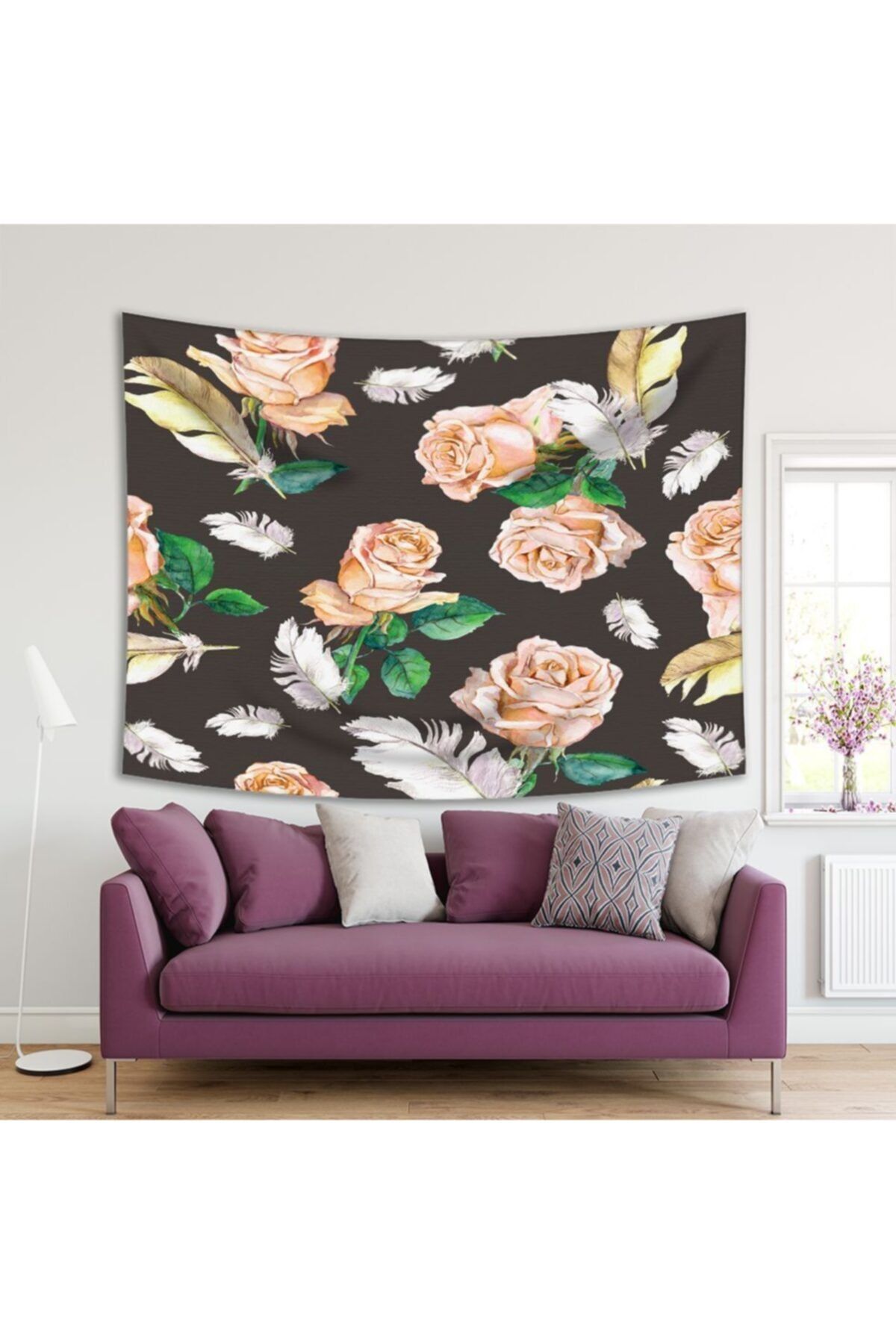 Henge Home Baskılı Duvar Örtüsü Kuş Tüyü Turuncu Gül Desenli