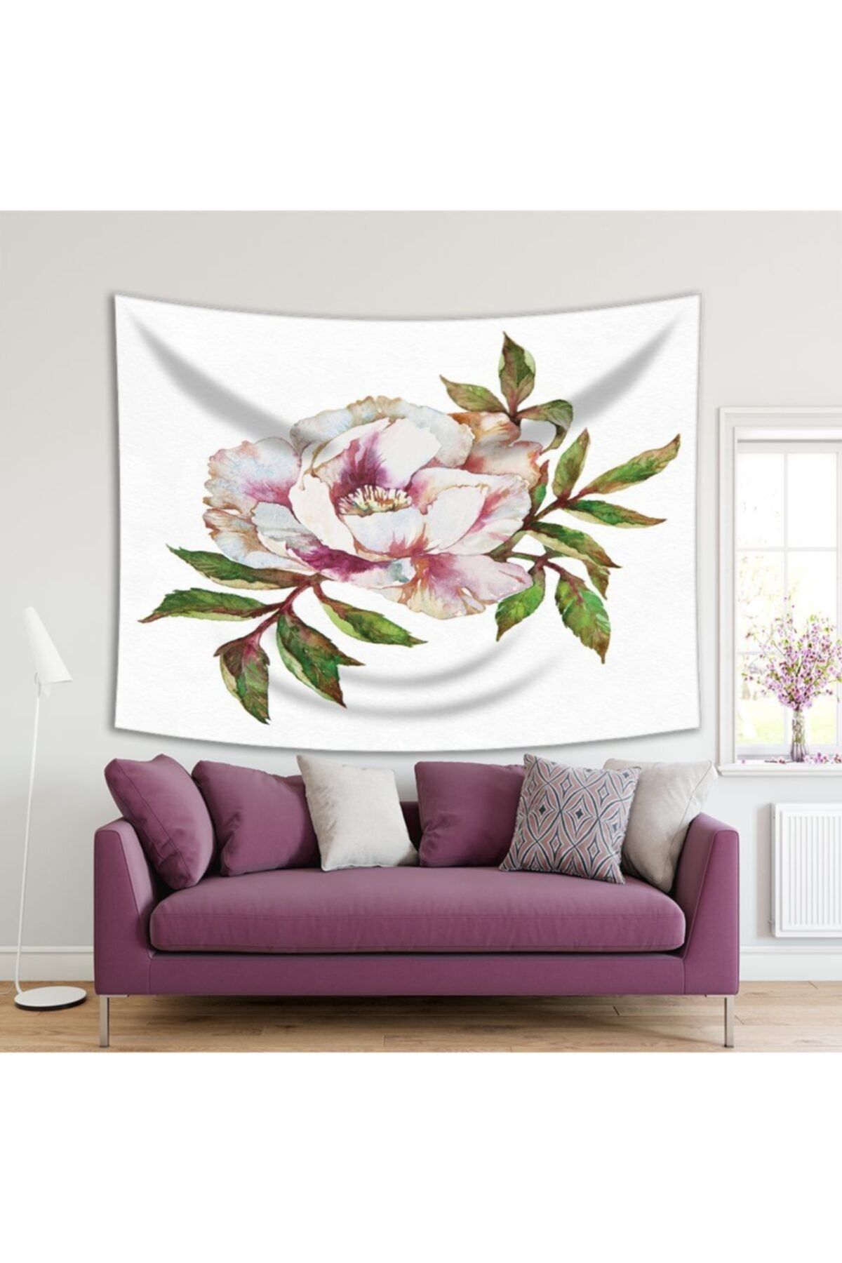 Henge Home Baskılı Duvar Örtüsü Yeşil Dal Pembe Gül Desenli Yeşil Pembe
