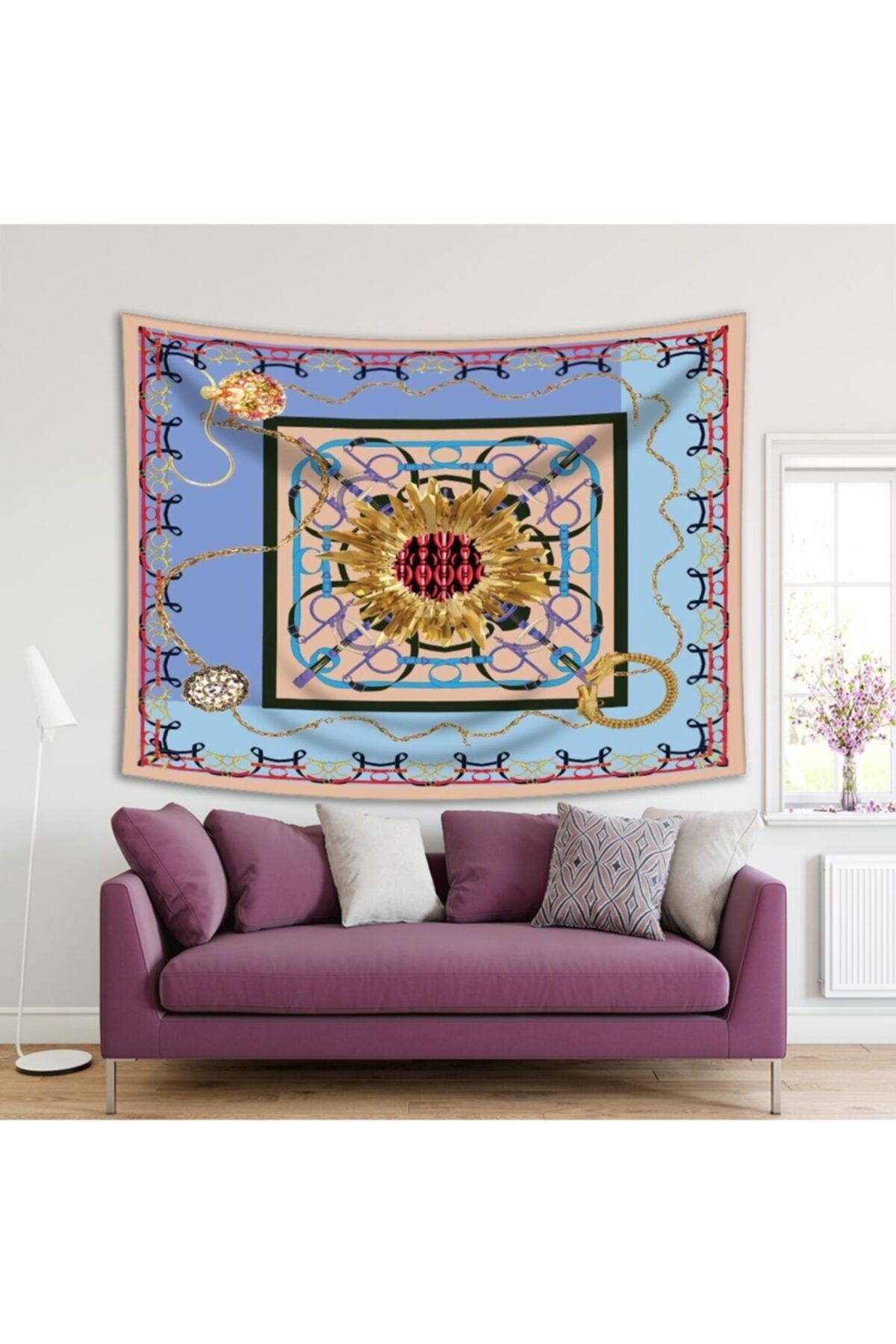 Henge Home Baskılı Duvar Örtüsü Altın Zincir Kare Desenli Mavi Sarı