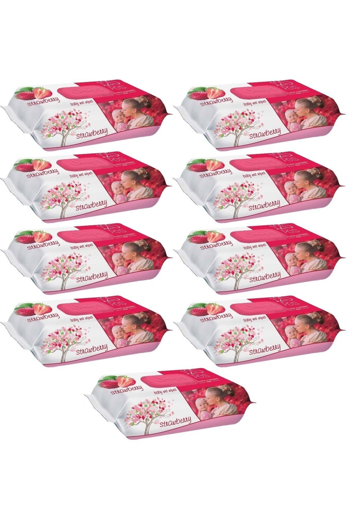 Sleepy Islak Havlu Mendil 120 Yaprak Çilek (9 Lu Set) Plastik Kapaklı 1080 Yaprak