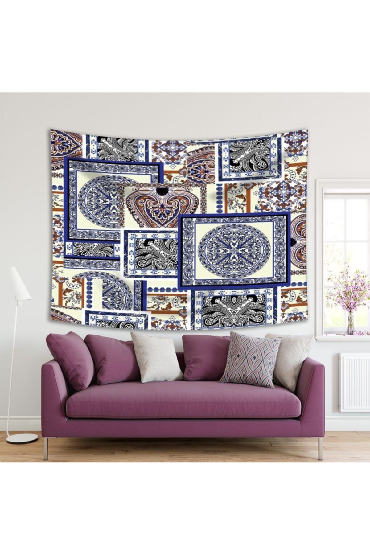 Henge Home Baskılı Duvar Örtüsü Etnik Çiçek Geometrik Desenli Mavi