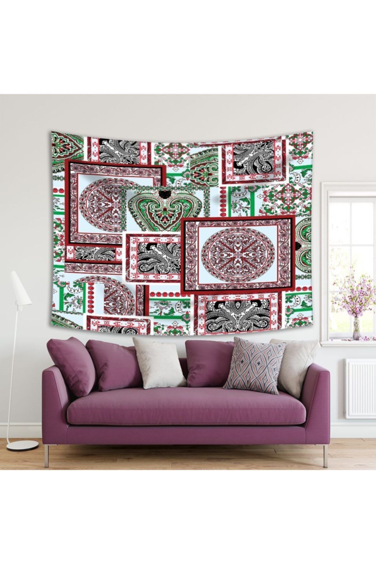 Henge Home Baskılı Duvar Örtüsü Etnik Çiçek Geometrik Desenli Yeşil Kırmızı