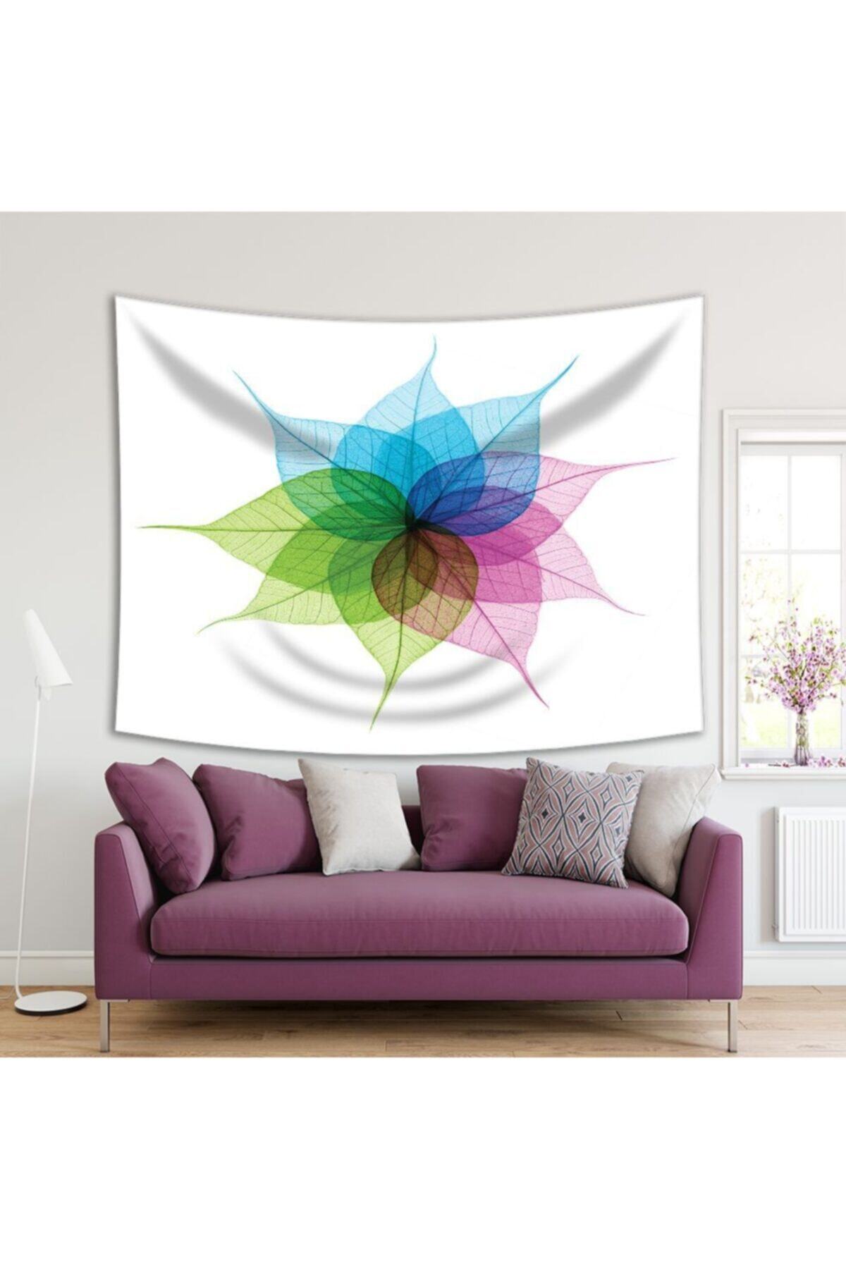 Henge Home Baskılı Duvar Örtüsü İskelet Yaprak Mavi Yeşil Pembe Desenli