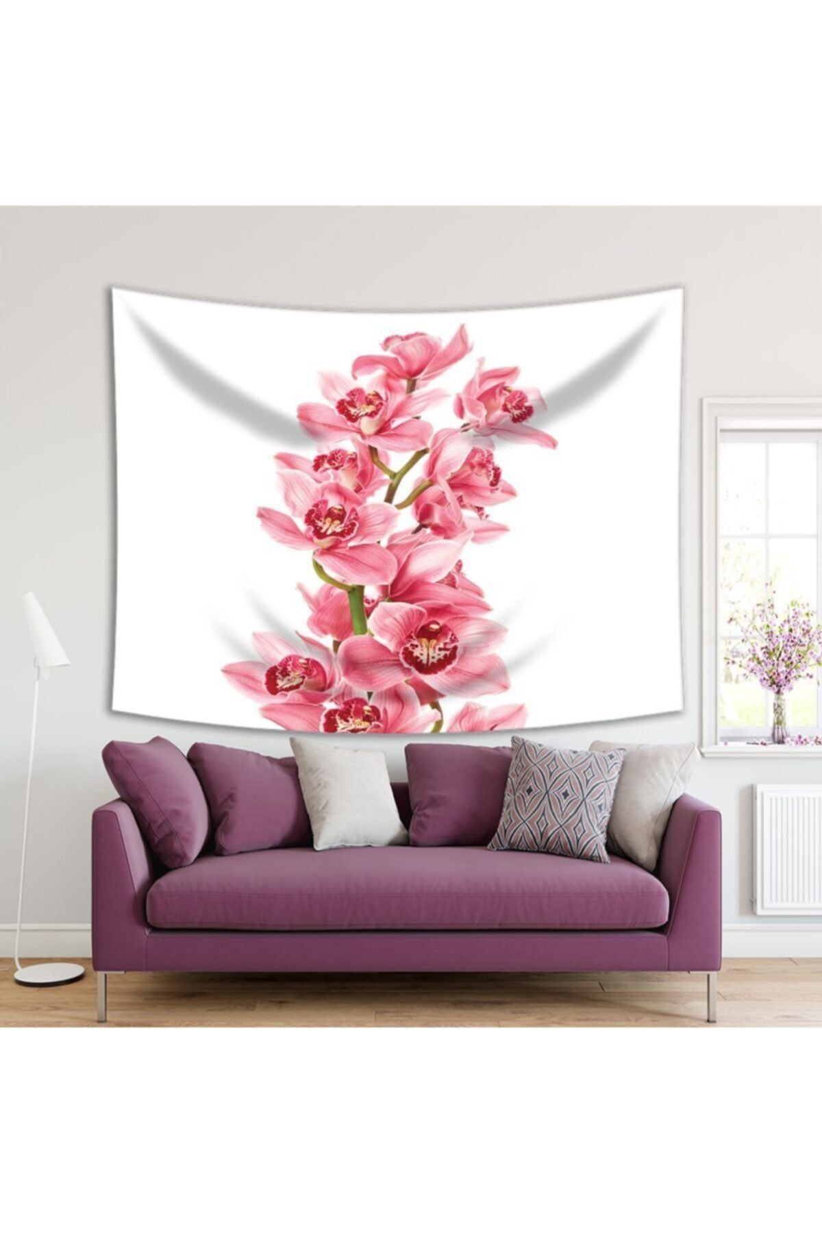 Henge Home Baskılı Duvar Örtüsü Çiçek Açan Orkide Desenli Pembe