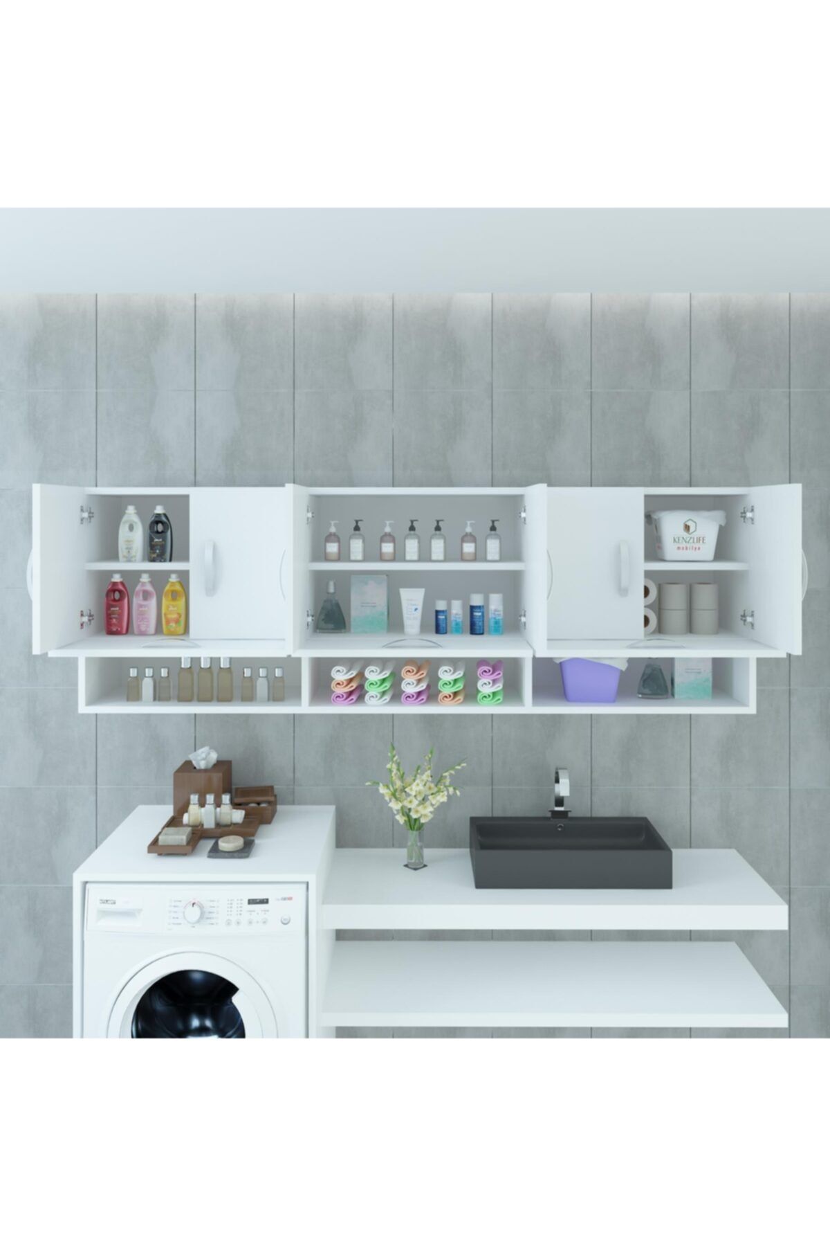 Kenzlife banyo dolabı yelena byz 060*180*22 hazır mutfak ofis dolabı kitaplık kapaklı raflı