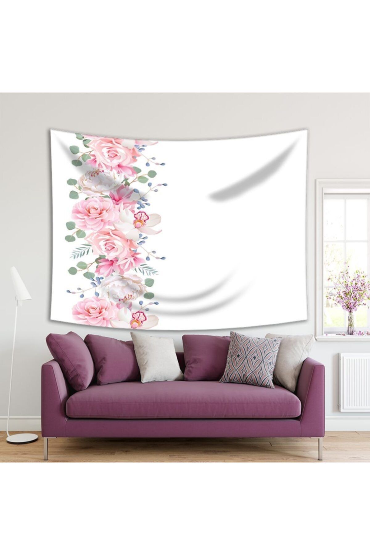 Henge Home Baskılı Duvar Örtüsü Okaliptüs Yaprak Gül Desenli