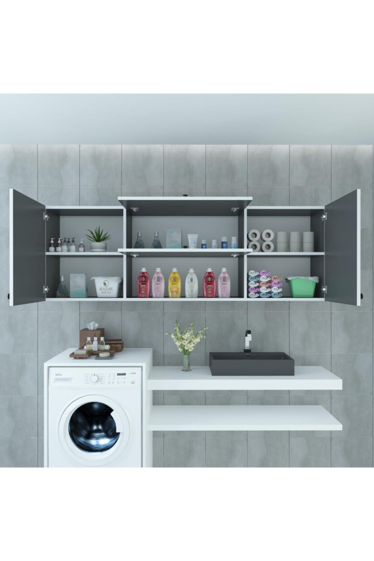 Kenzlife banyo dolabı zahar gri 060*150*22 hazır mutfak ofis dolabı kitaplık kapaklı raflı