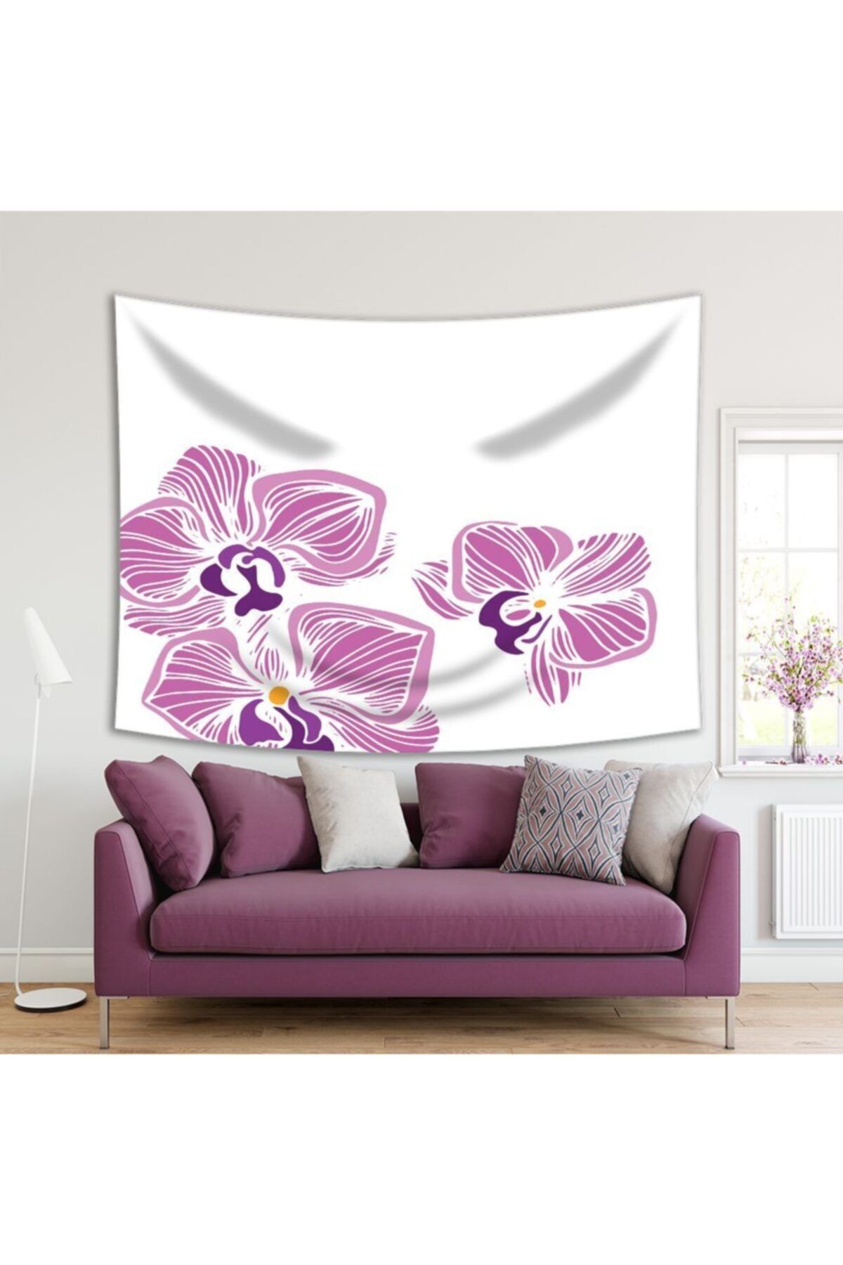 Henge Home Baskılı Duvar Örtüsü Sulu Boya Etkili Mor Orkide Desenli