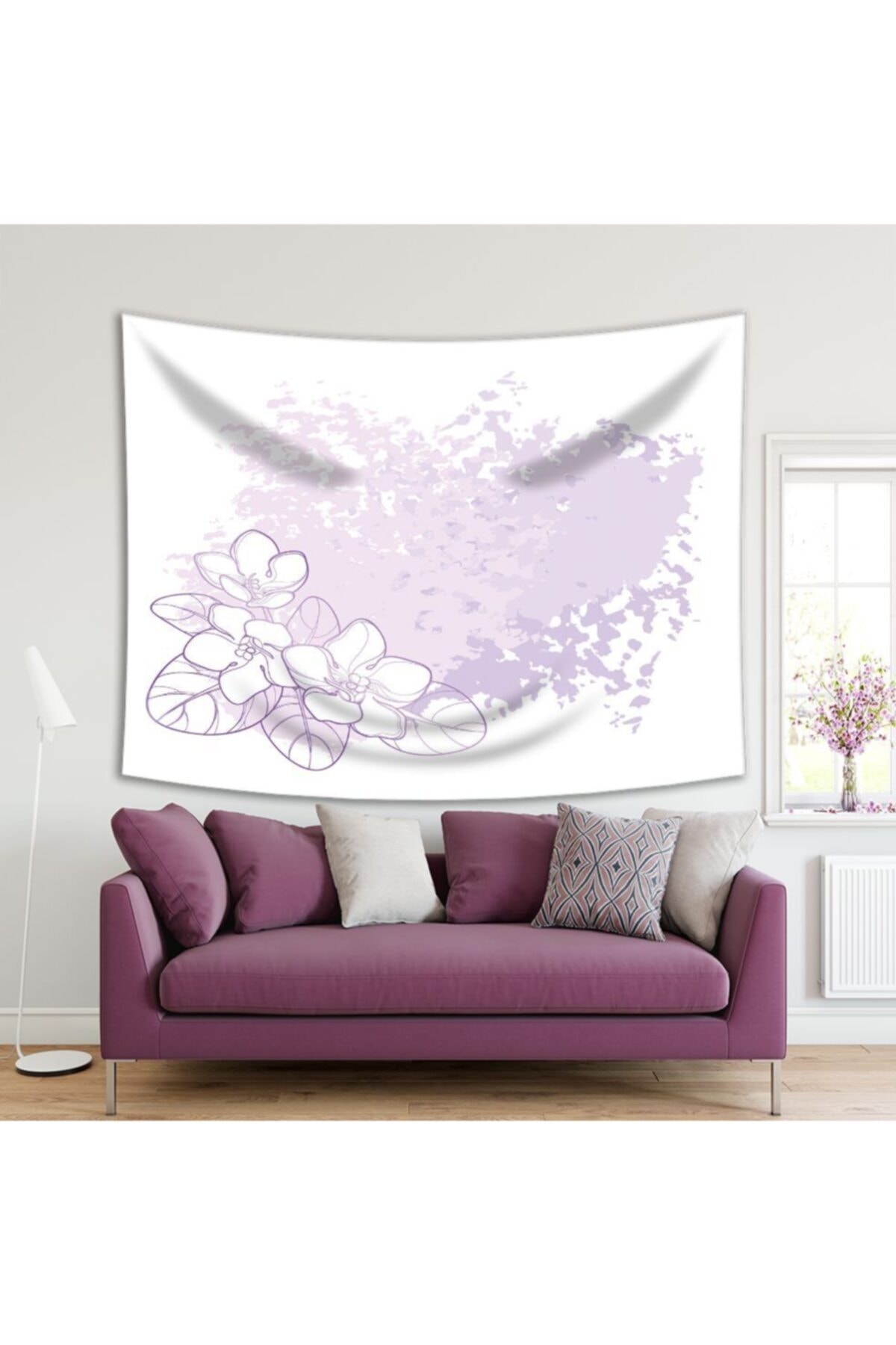 Henge Home Baskılı Duvar Örtüsü Menekşe Çiçek Pastel Doku Desenli Mor