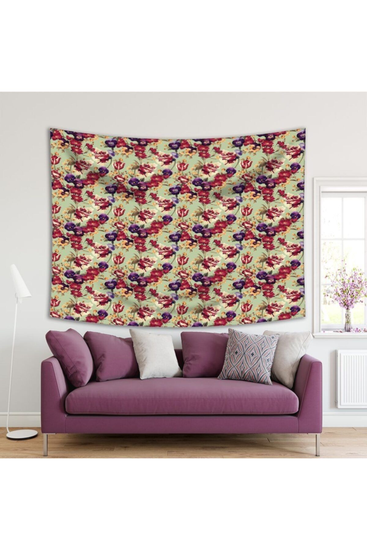 Henge Home Baskılı Duvar Örtüsü Yeşil Zeminli Mor Kırmızı Çiçek Deseni