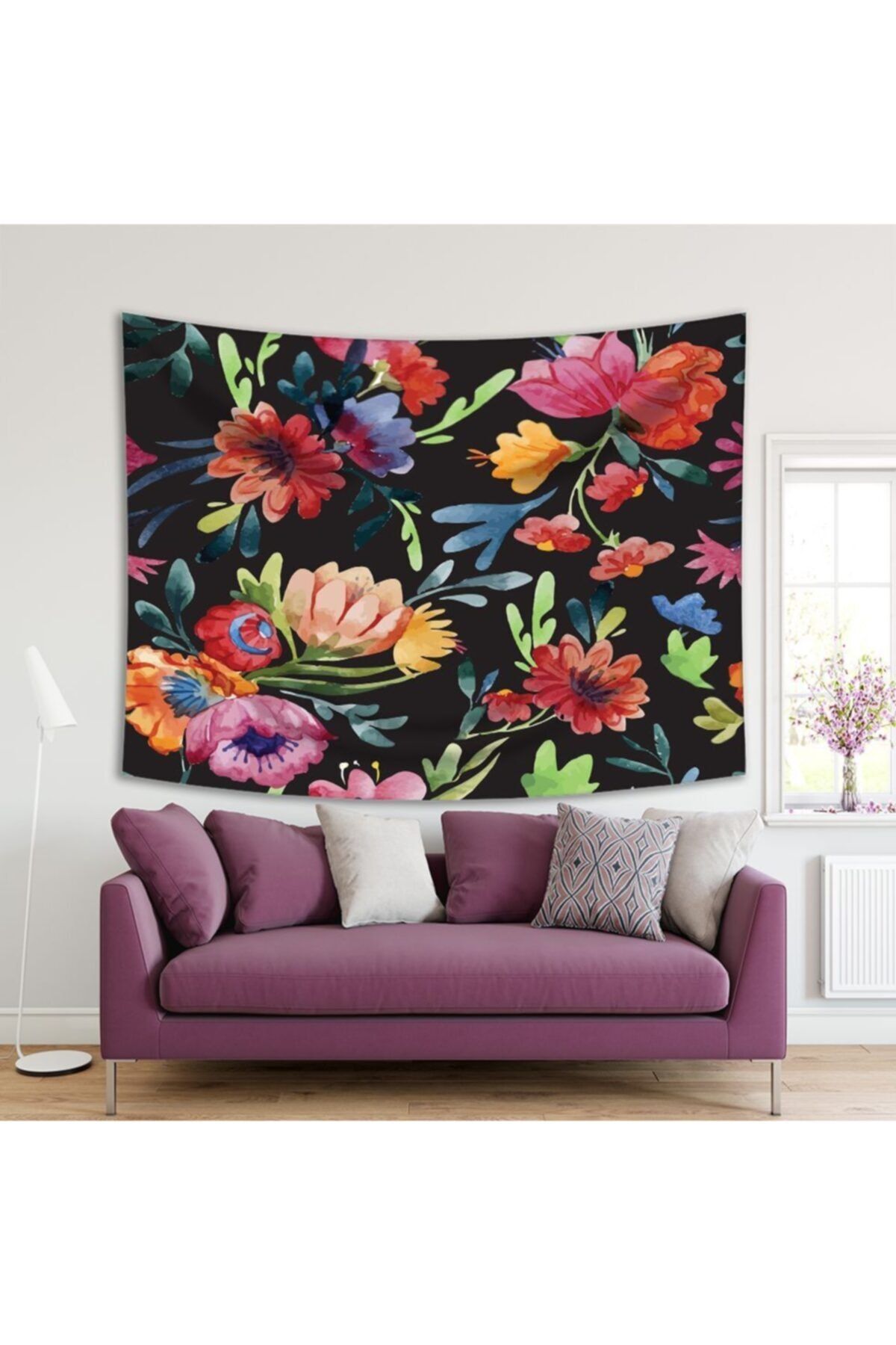 Henge Home Baskılı Duvar Örtüsü Sulu Boya Etkili Çiçek Deseni