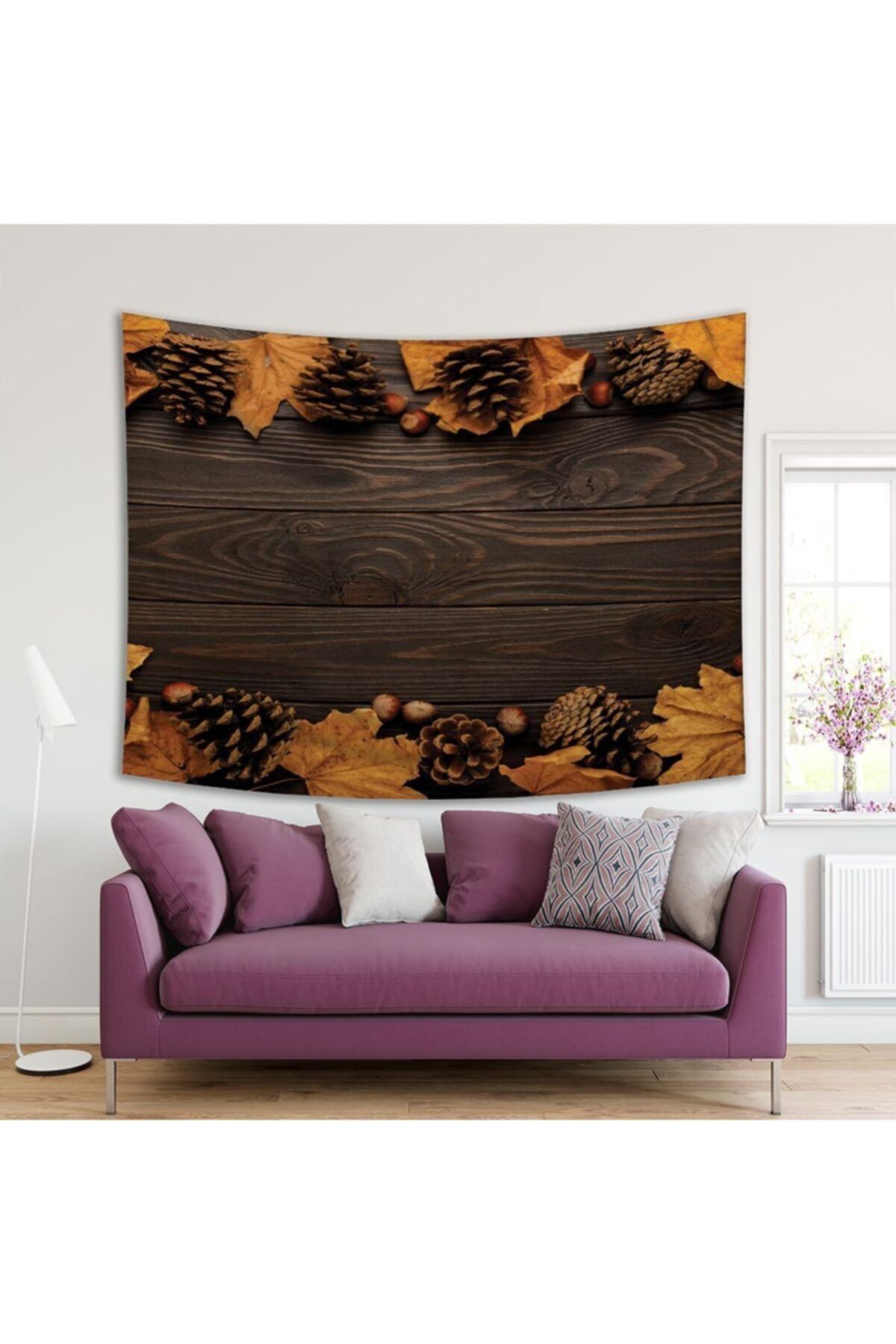 Henge Home Baskılı Duvar Örtüsü Ahşap Masa Çam Kozalak Desenli