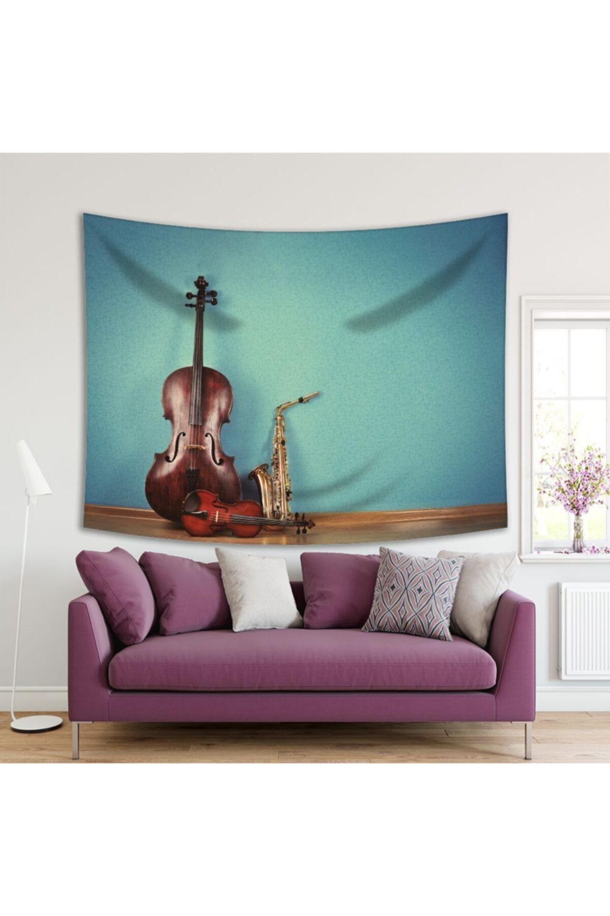 Henge Home Baskılı Duvar Örtüsü Müzik Keman Saksafon Deseni