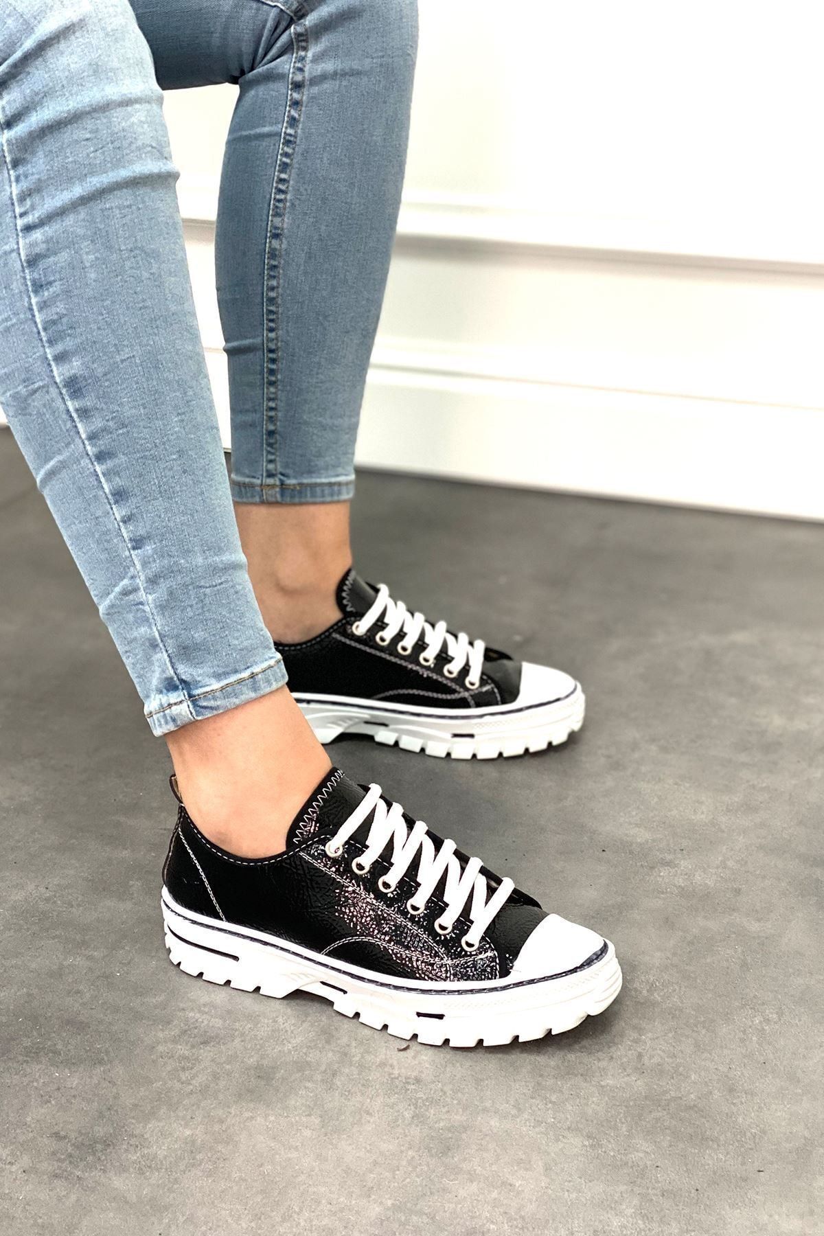 Ayakkabı Frekansı Unisex Siyah Rugan Spor Ayakkabı