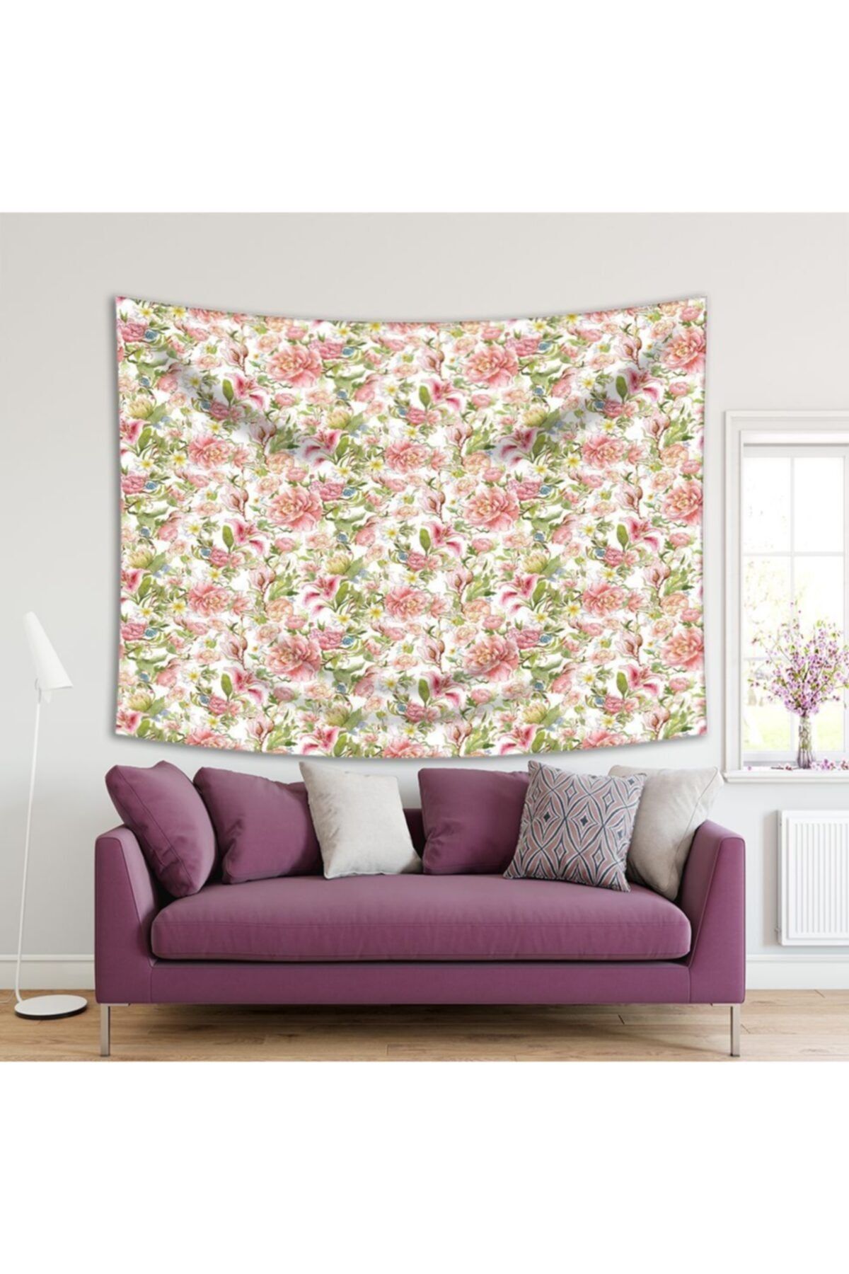 Henge Home Baskılı Duvar Örtüsü Yeşil Yapraklı Pembe Gül Deseni