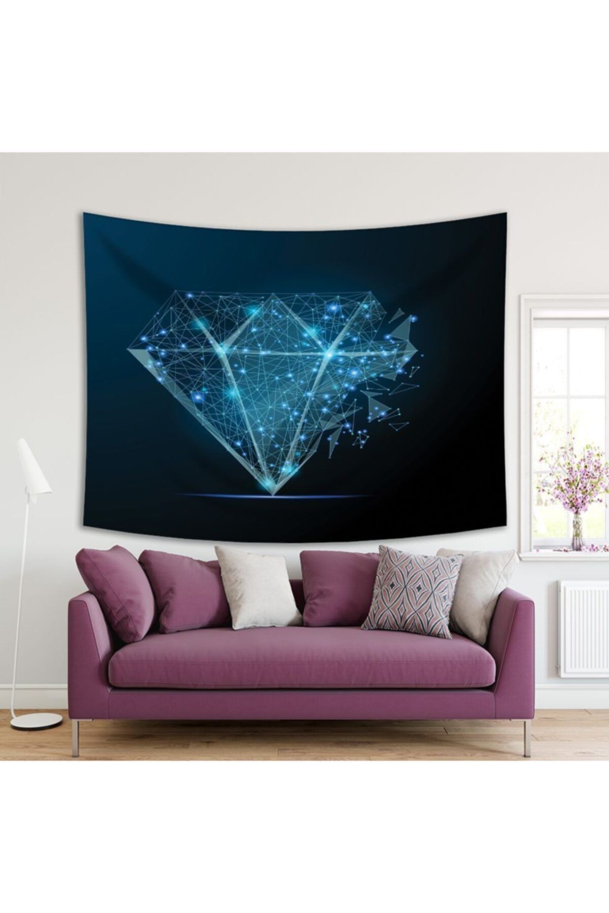 Henge Home Baskılı Duvar Örtüsü Geometrik Elmas Işıltılı Nokta Desenli Mavi