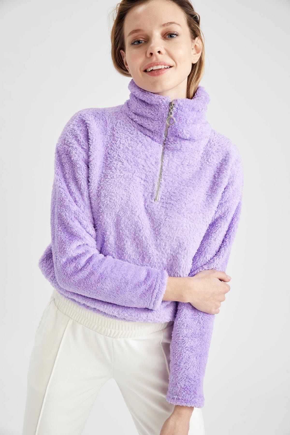 DeFacto Kadın Mor Pelüş Fermuarlı Relax Fit Sweatshirt T9721AZ20CW