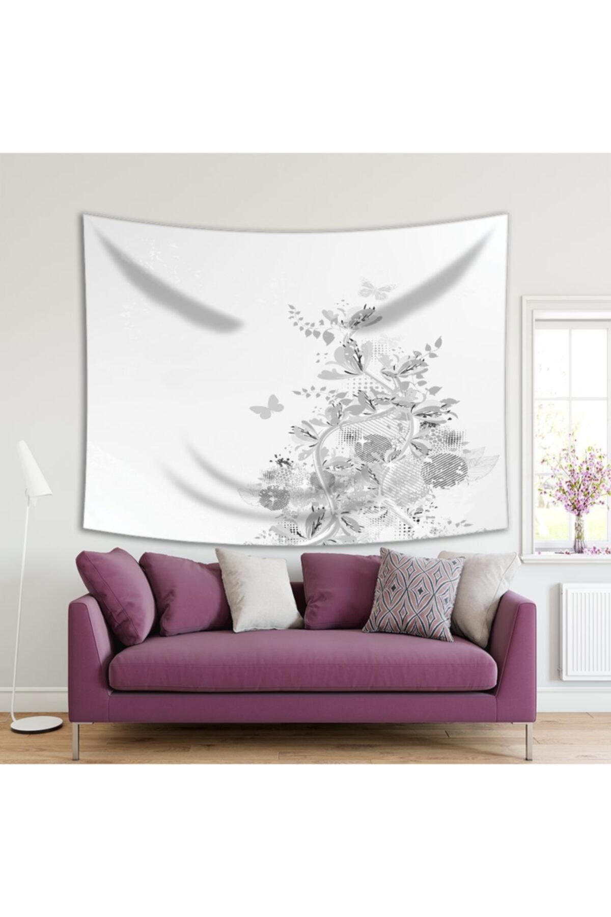 Henge Home Baskılı Duvar Örtüsü Soyut Çiçek Kelebek Desenli Gri