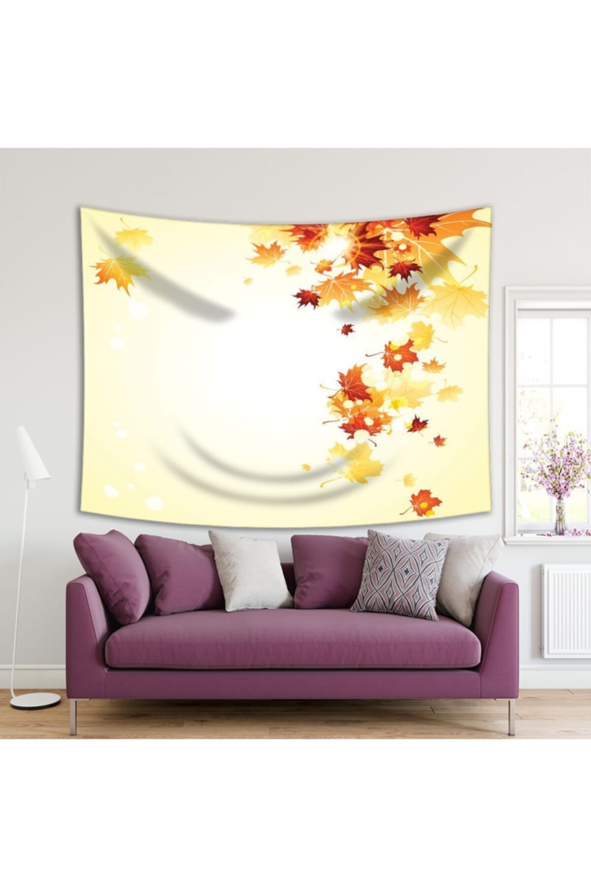 Henge Home Baskılı Duvar Örtüsü Düşen Sonbahar Yaprak Desenli Kırmızı Sarı