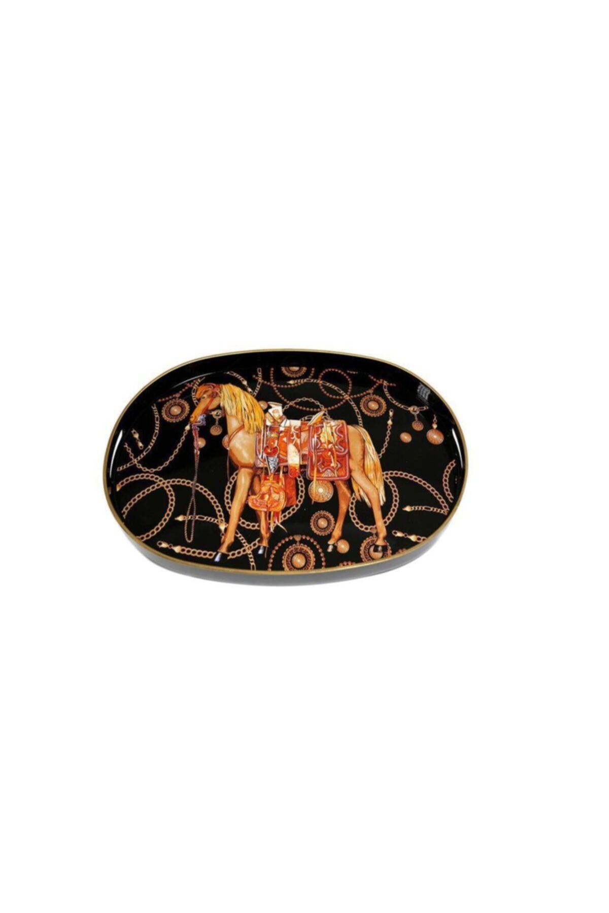 Lucky Art At Desenli Siyah Oval Tepsi 50x34cm