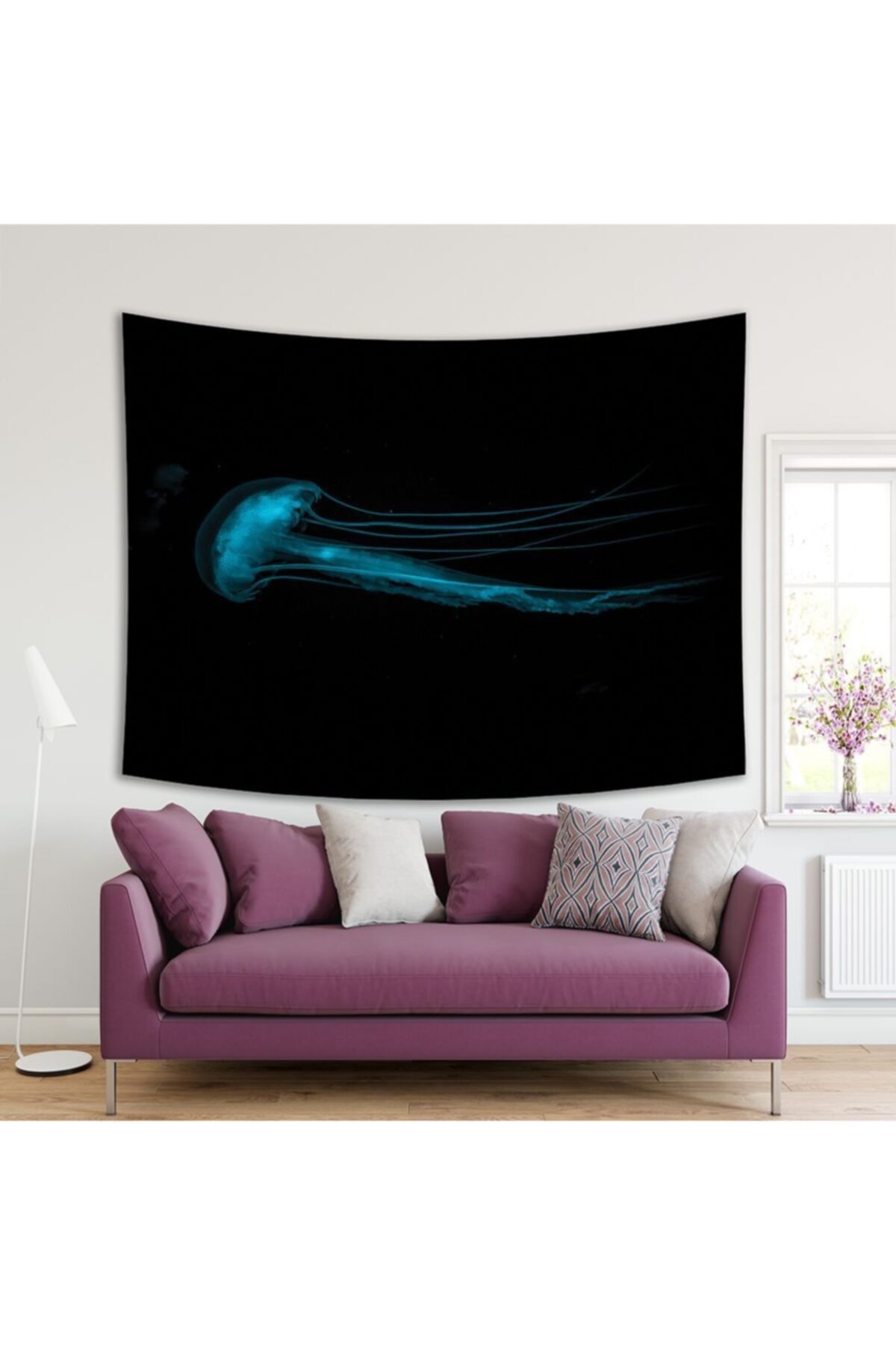 Henge Home Baskılı Duvar Örtüsü Işıldayan Deniz Anası Desenli Mavi