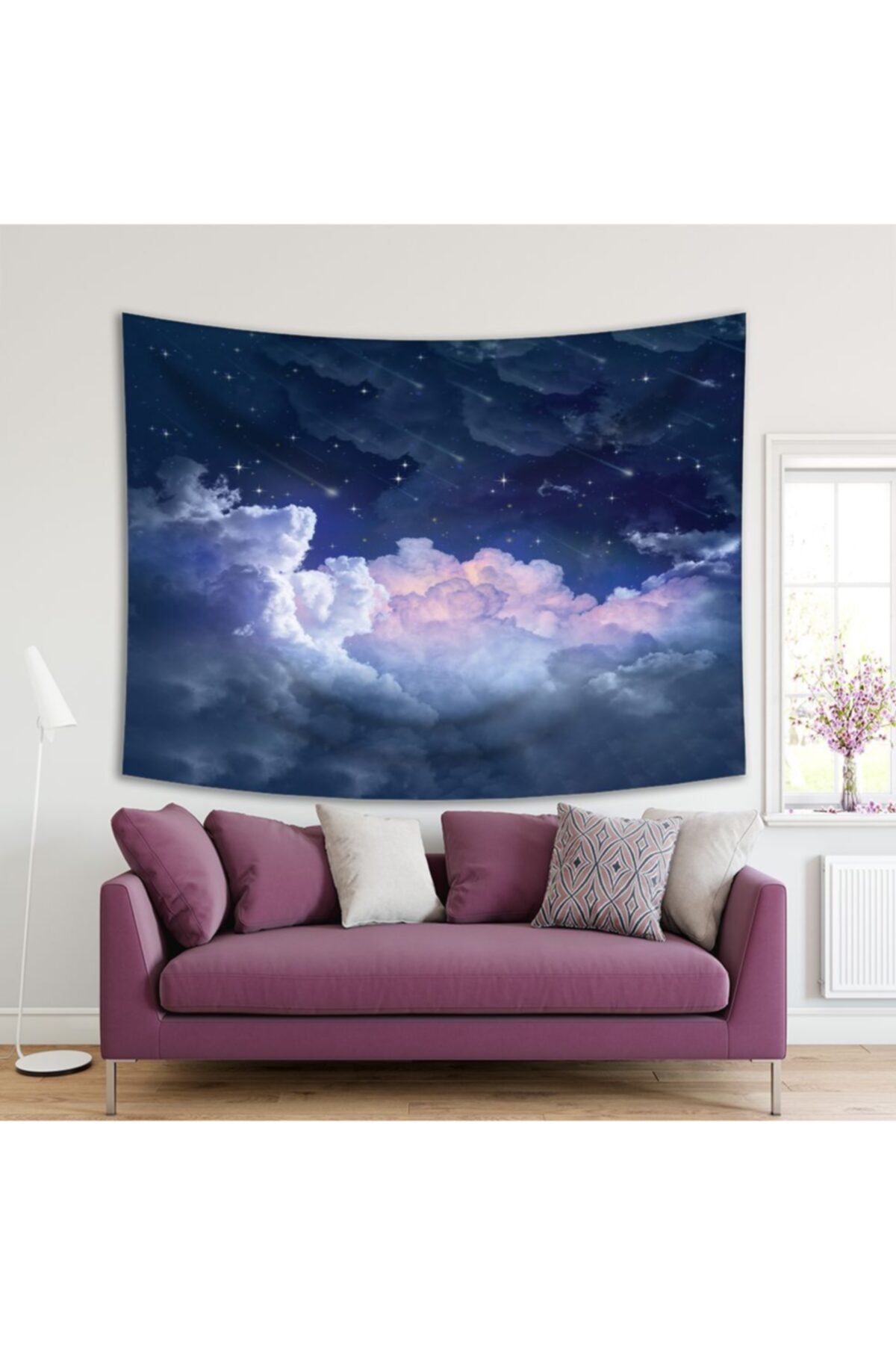 Henge Home Baskılı Duvar Örtüsü Gece Gökyüzü Yıldız Desenli Mavi Mor