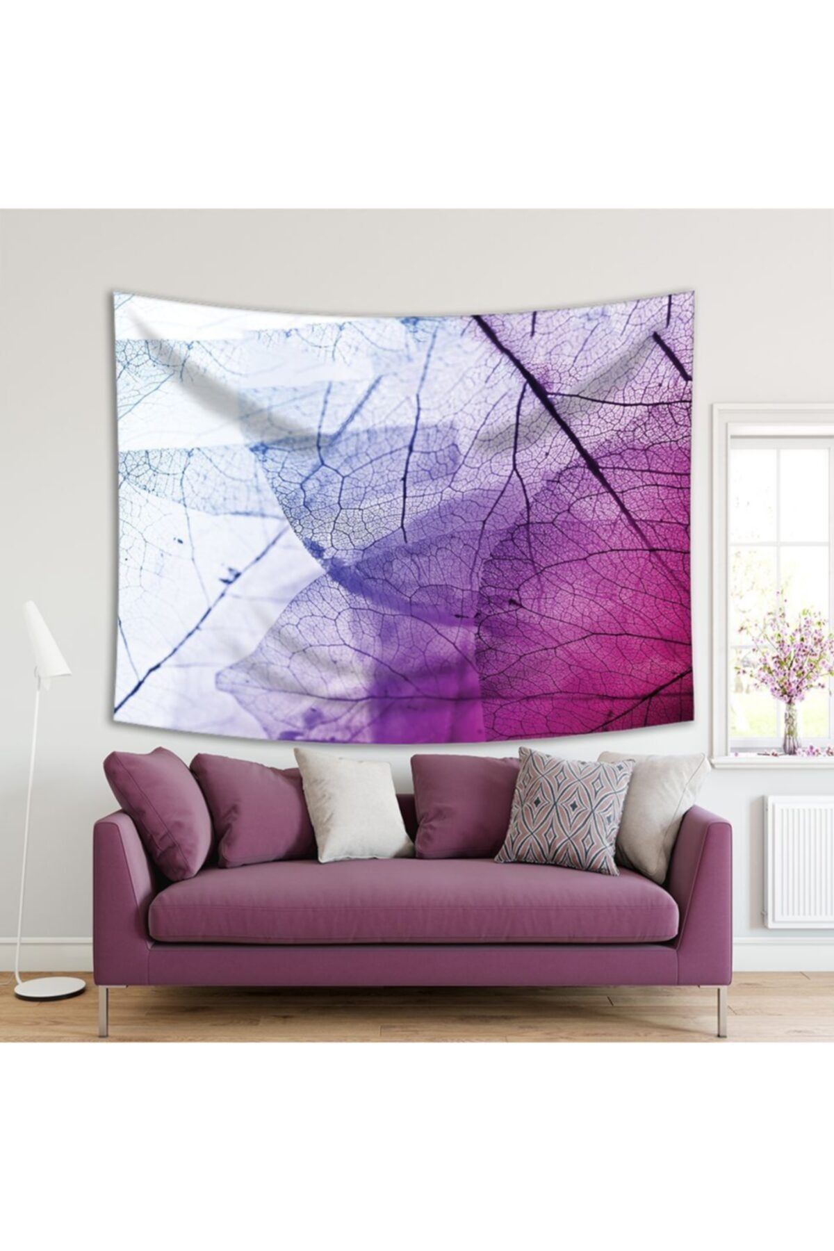 Henge Home Baskılı Duvar Örtüsü Damarlı Yaprak Desenli Pembe Mavi