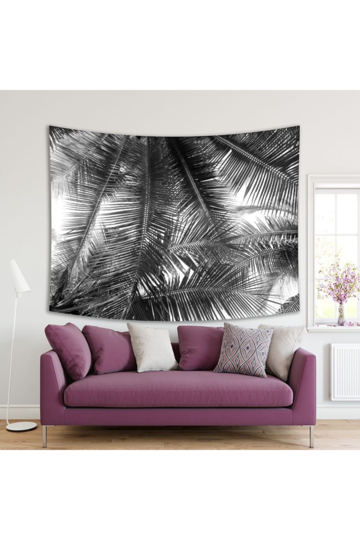 Henge Home Baskılı Duvar Örtüsü Beyaz Arka Plan Güzel Avuç İçi Yaprak Desenli