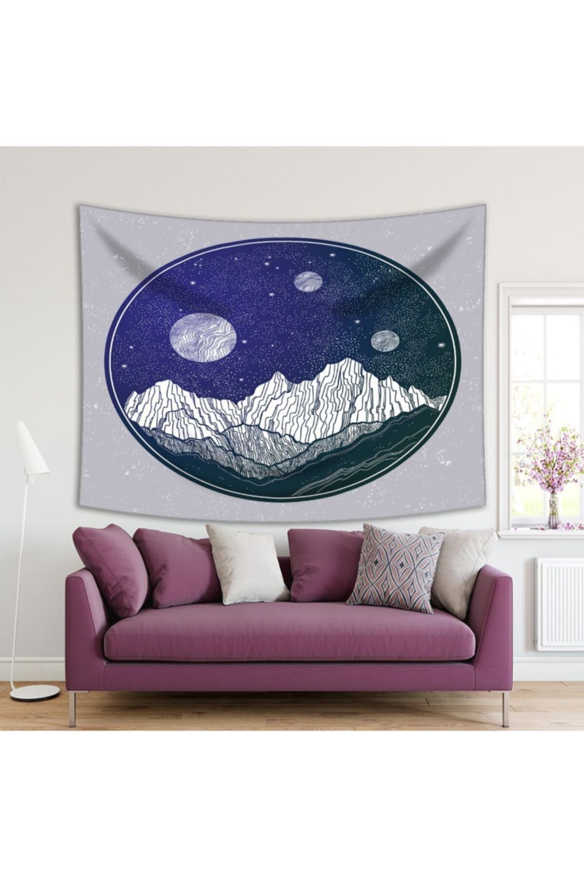 Henge Home Baskılı Duvar Örtüsü Ay, Yıldız Ve Dağ Etkili Mor Ve Yeşil Renk Desenli