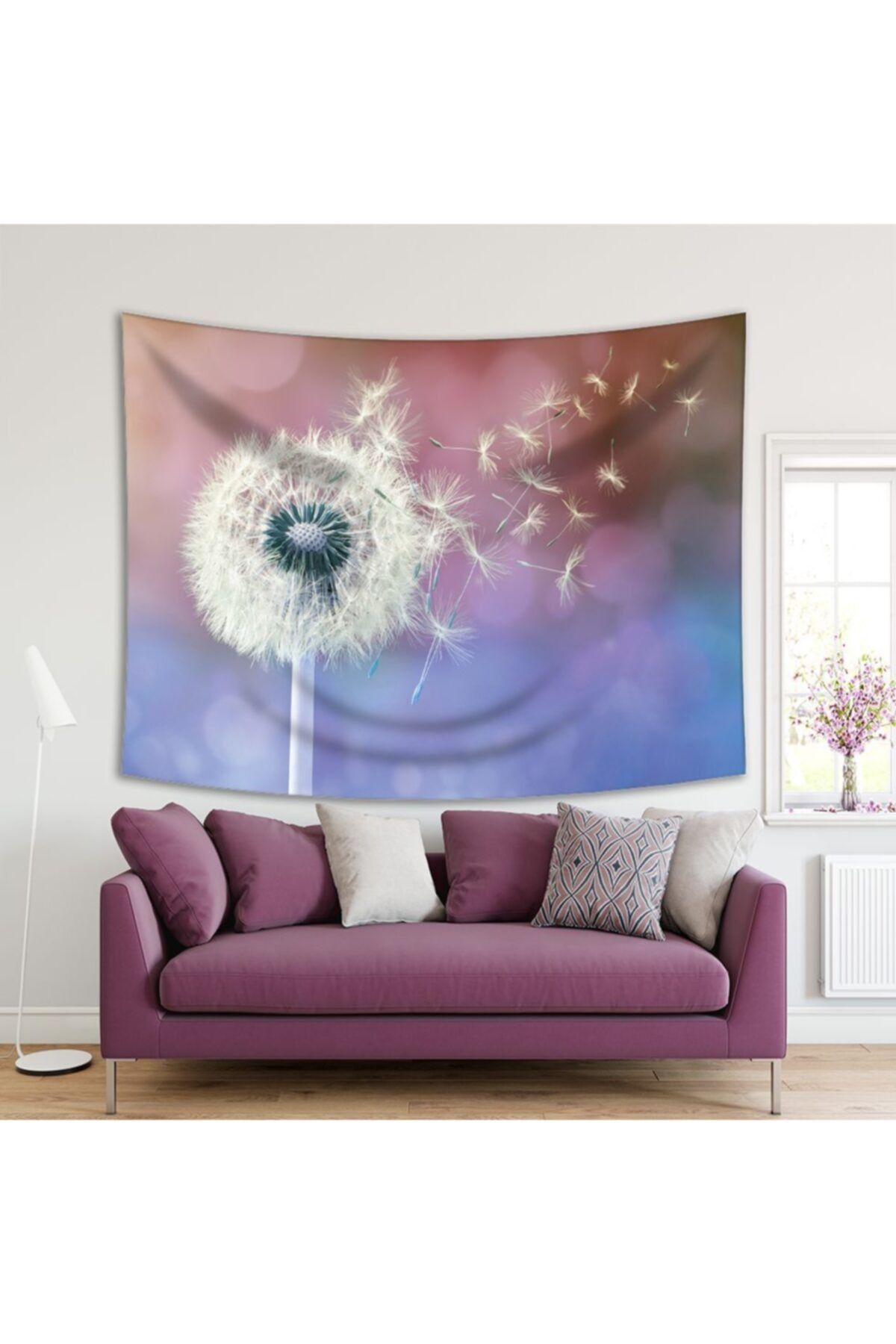 Henge Home Baskılı Duvar Örtüsü Mavi Pembe Arka Plan Çiçek Desenli
