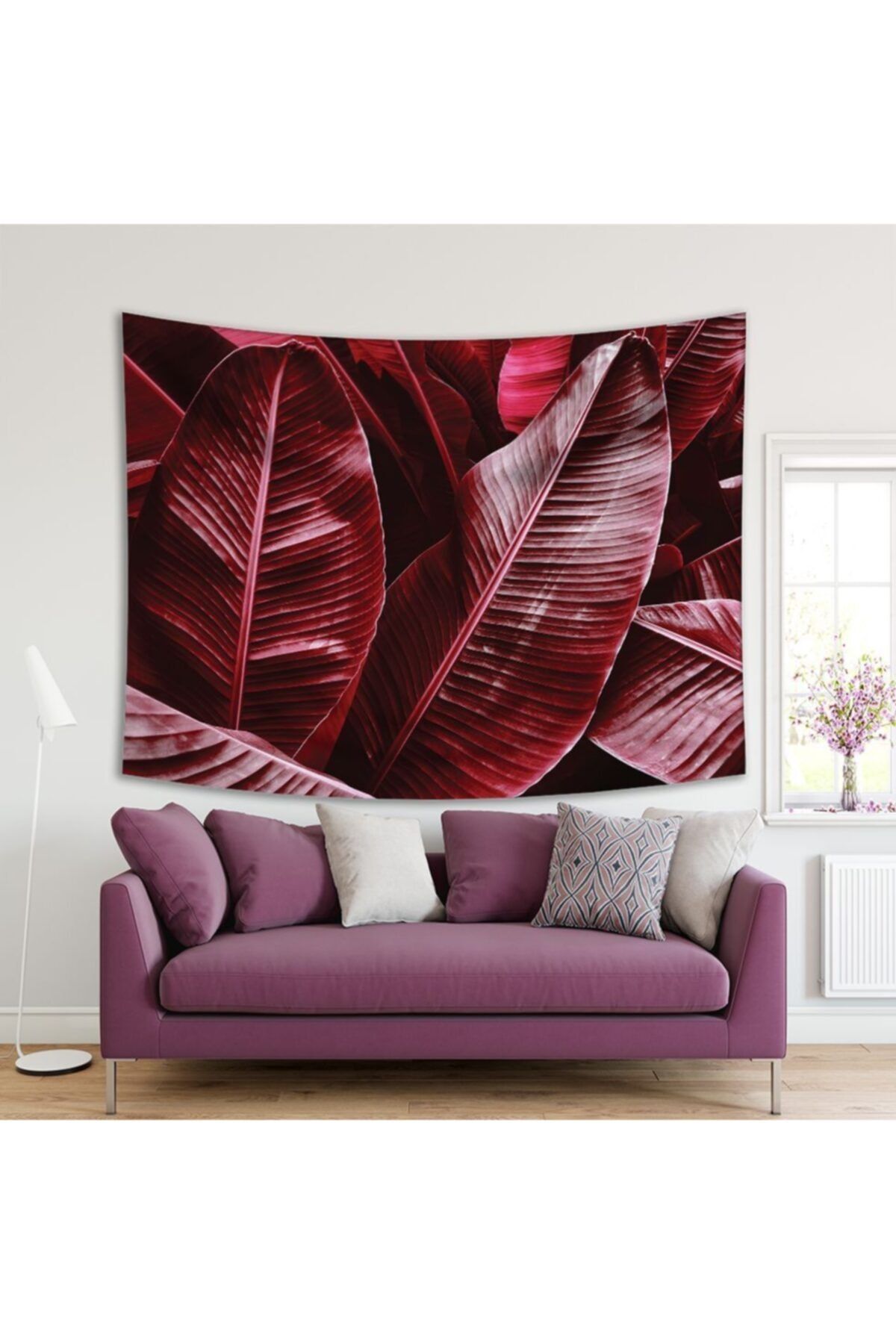 Henge Home Baskılı Duvar Örtüsü Pembe Bordo Renk Tropikal Yapraklı Desenli