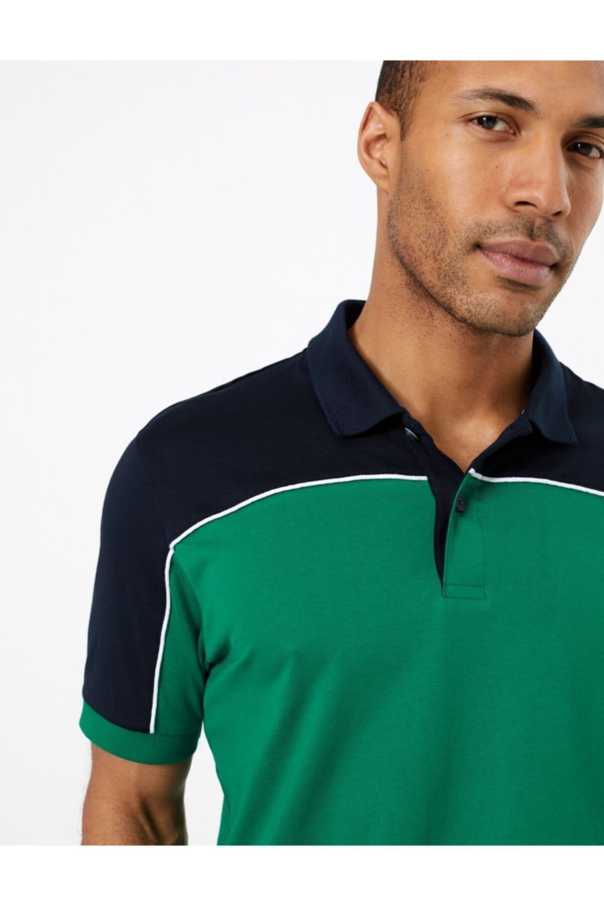 Marks & Spencer Erkek Yeşil Supima Renk Bloklu Polo Yaka T-Shirt T28006279B