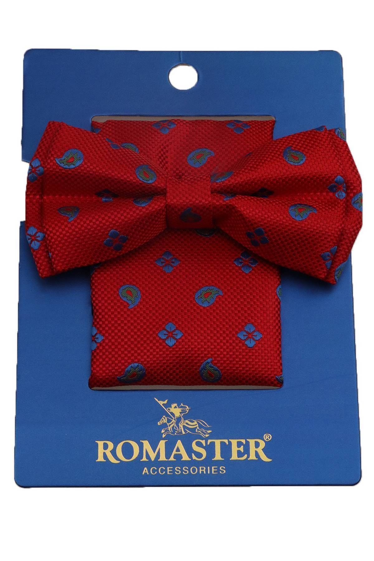 ROMASTER Kırmızı Renk Çiçek Desenli Mendilli Papyon