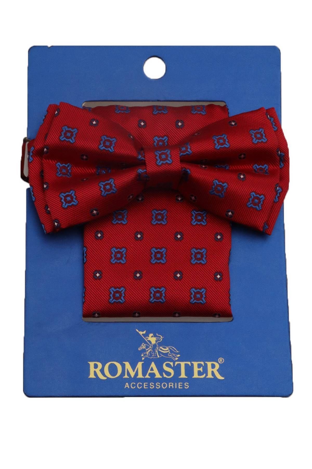 ROMASTER Kırmızı Renk Desenli Mendilli Papyon