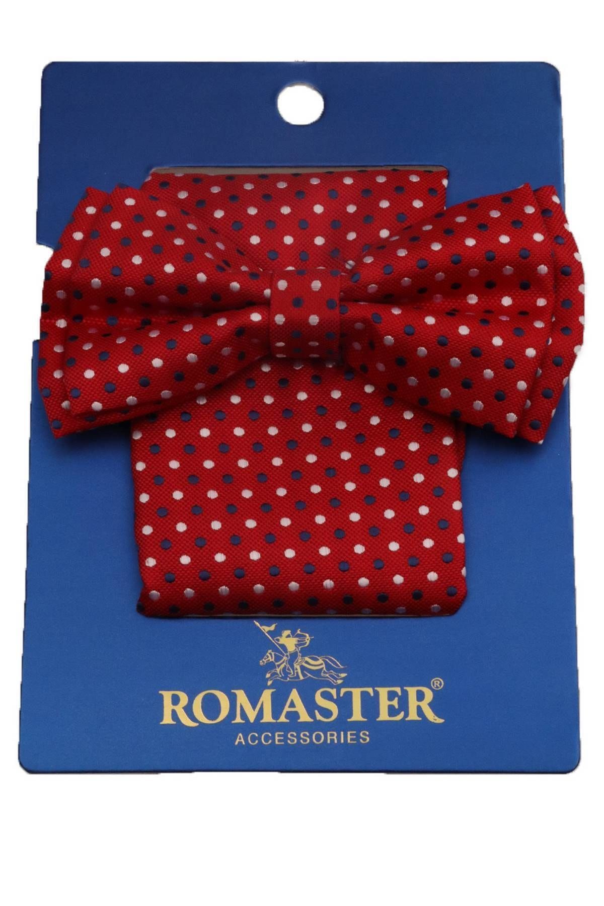 ROMASTER Kırmızı Renk Puantiye Desenli Mendilli Papyon