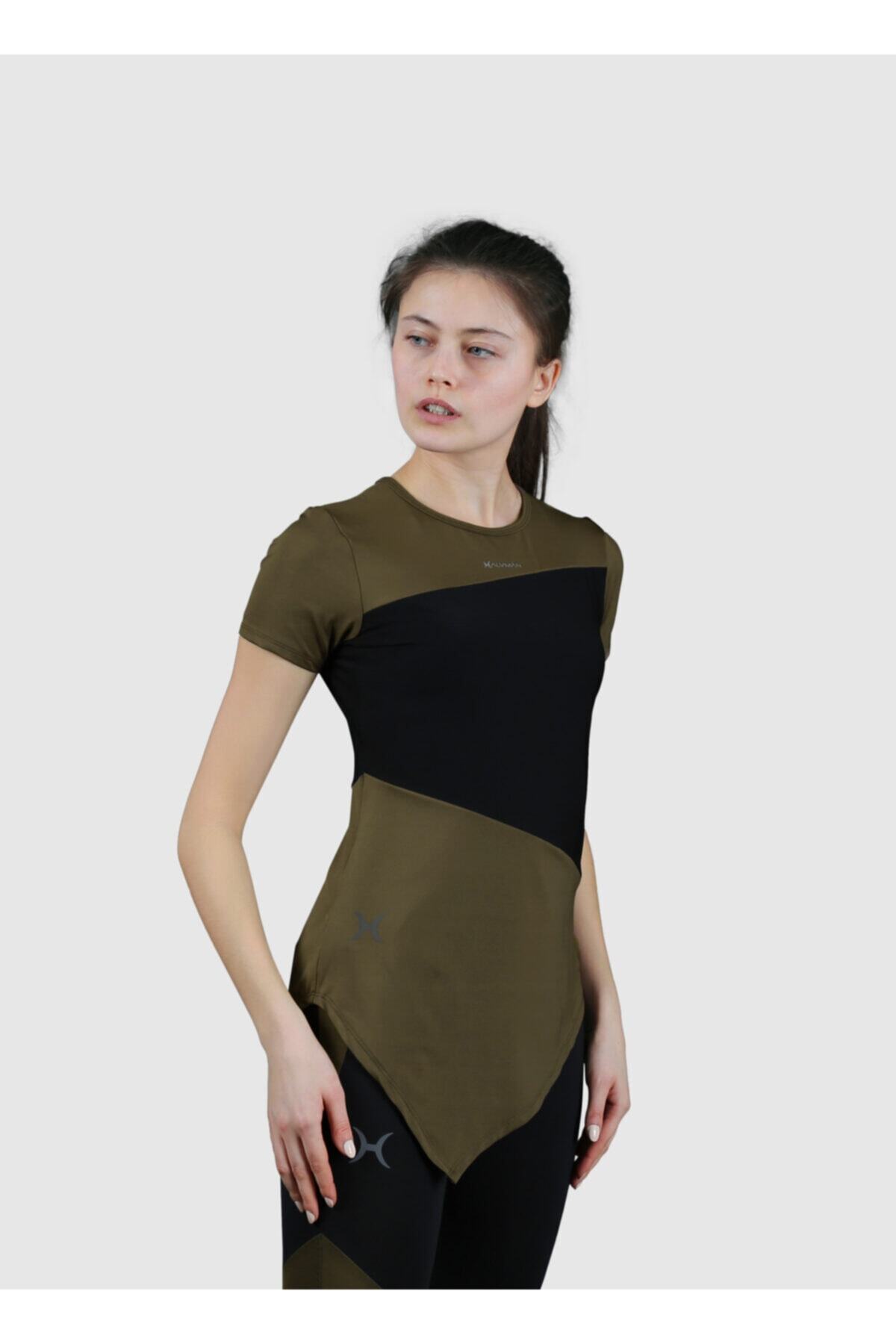 HALVMAN Kadın Sporcu Kısa Kol T-shirt Haki/siyah