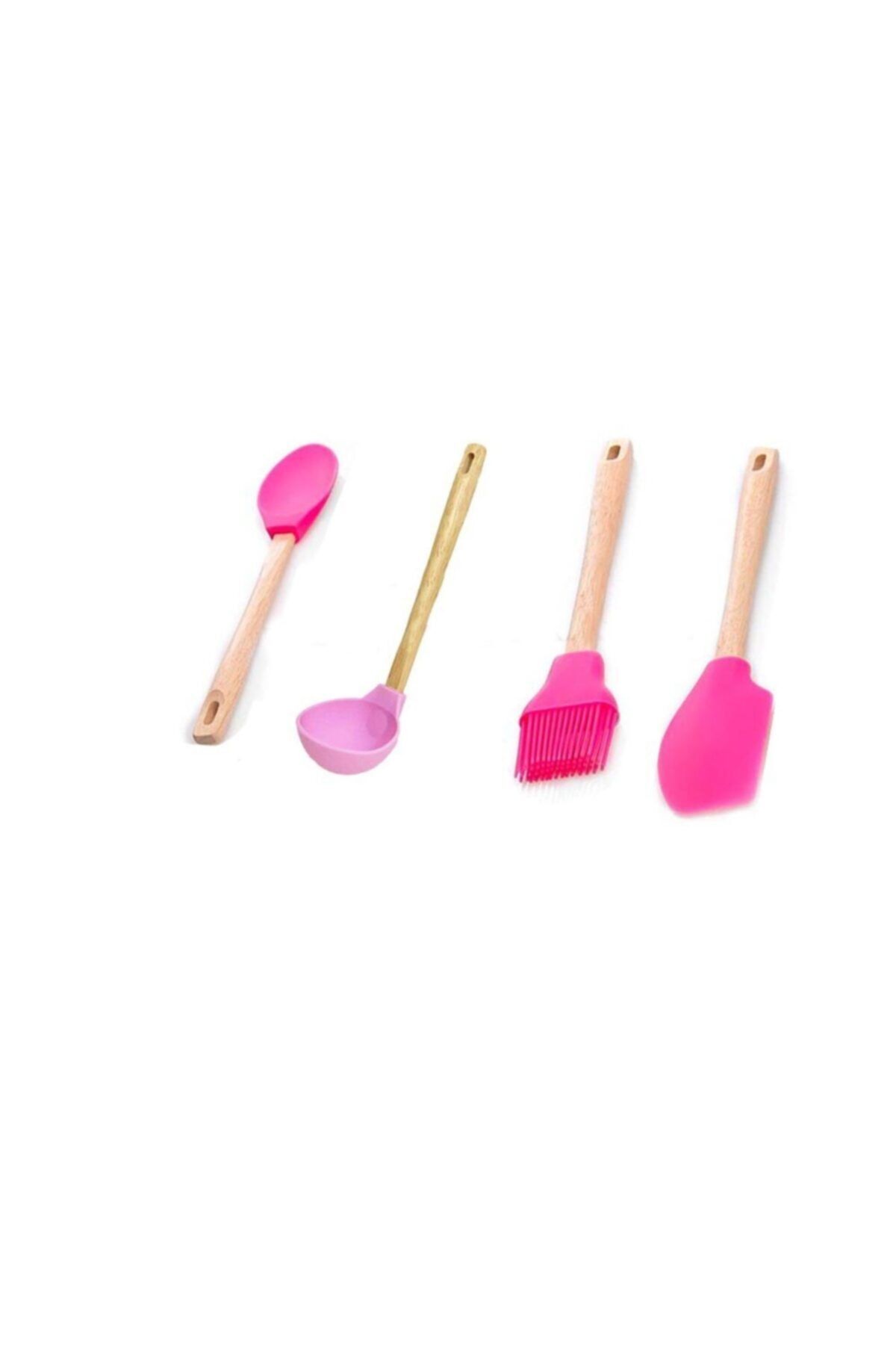 Bastonlu 4'lü Bambu Saplı Silikon Kaşık -spatula-fırça Mutfak Seti-kepçe
