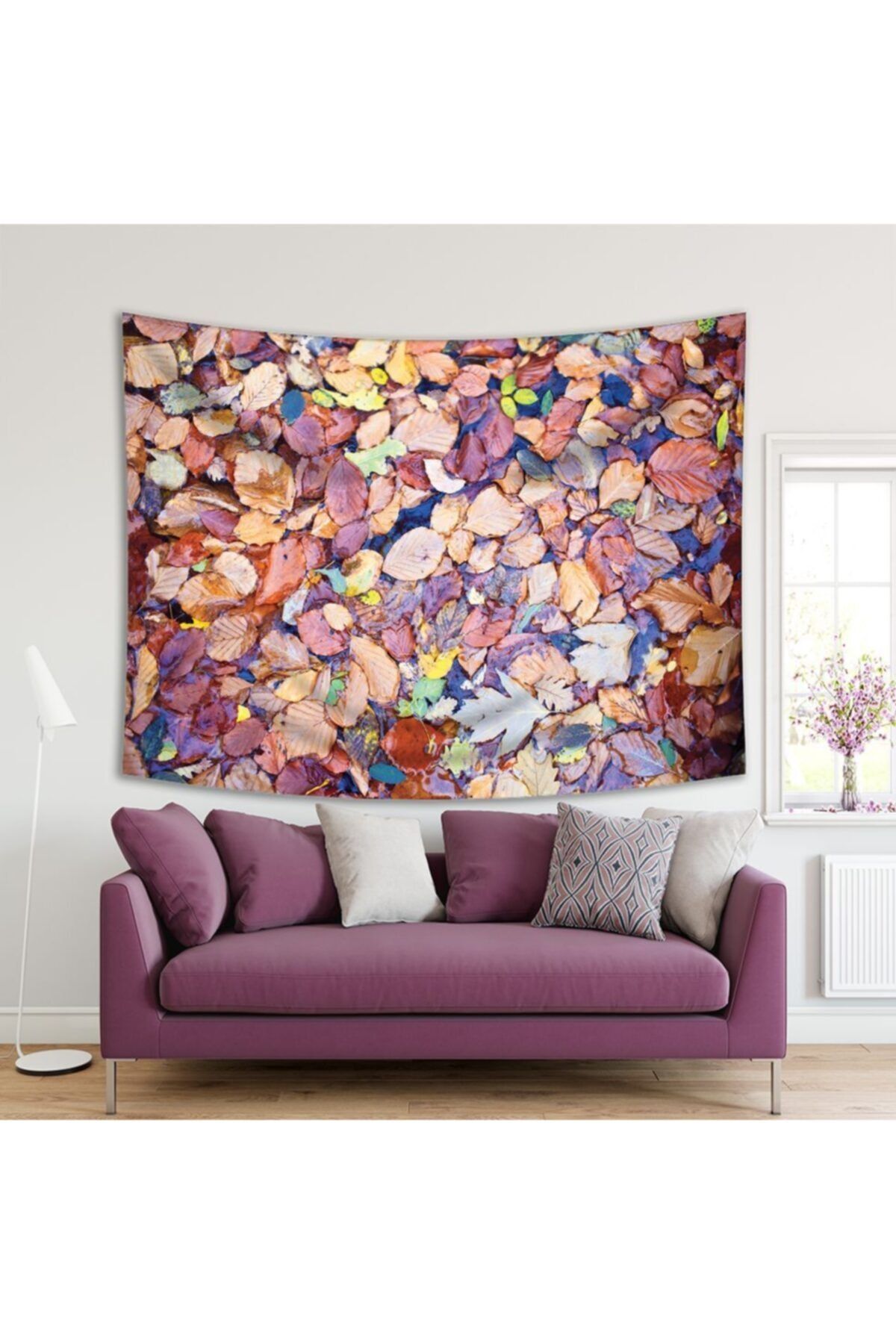 Henge Home Baskılı Duvar Örtüsü Kurutulmuş Yapraklar Soft Rengarenk Desenli