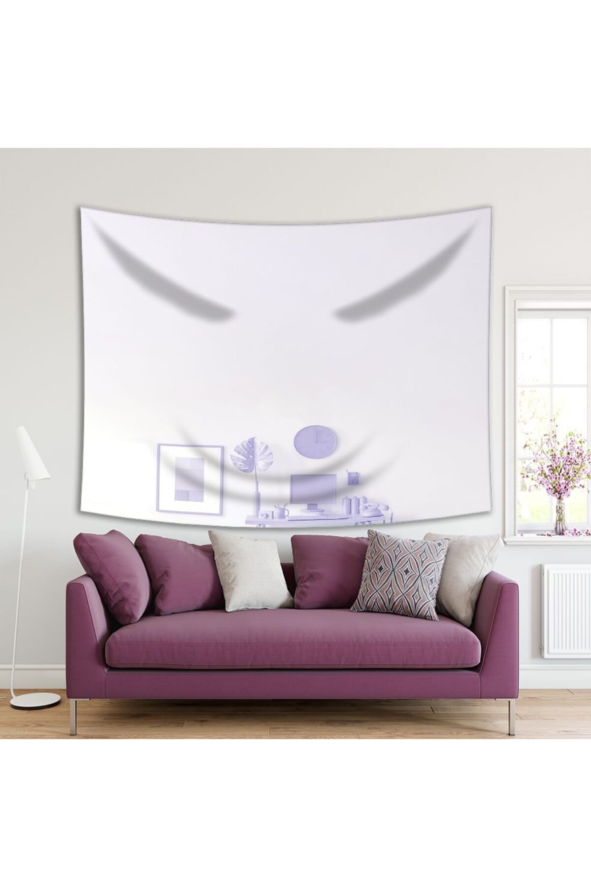 Henge Home Baskılı Duvar Örtüsü Lila Renkli Saat Yaprak ve Çalışma Masa Desenli