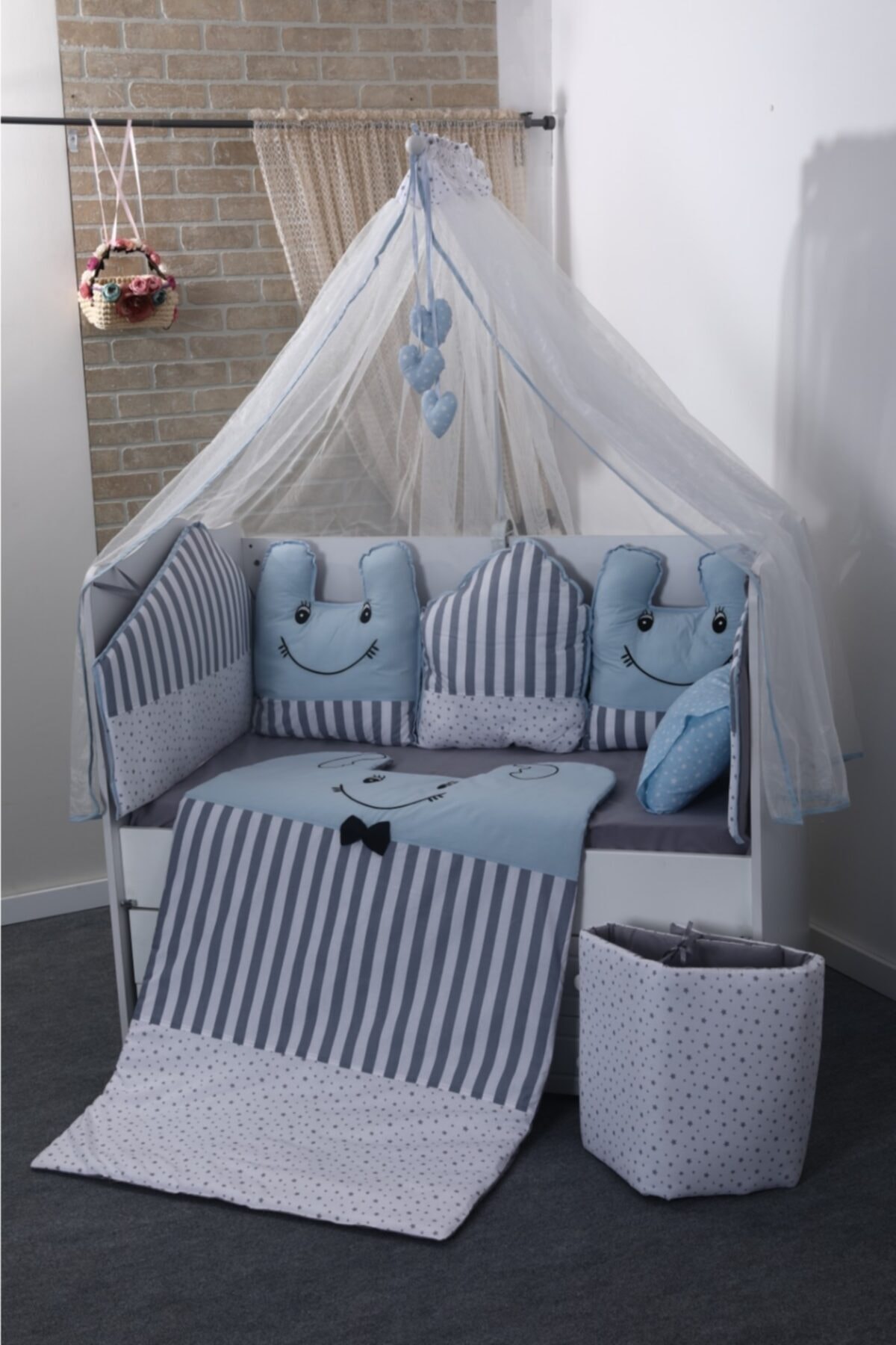 Mini Baby Smile Mavi Beşik Bebek Uyku Seti 80x130 Ölçü