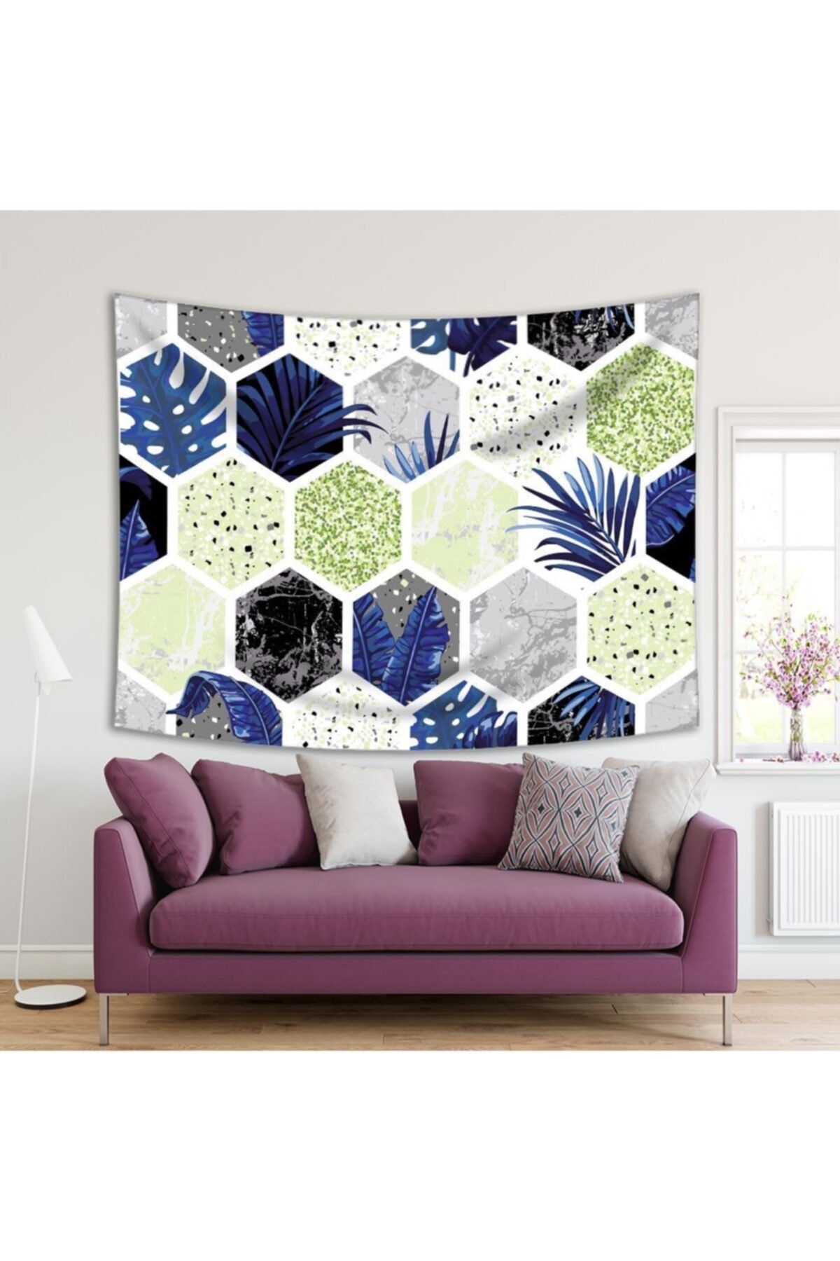 Henge Home Baskılı Duvar Örtüsü Mermer Geometrik Şekilli Tropik Yaprak Desenli